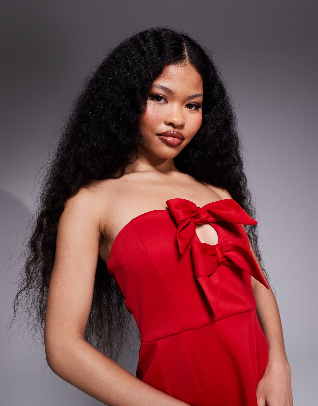 New Look Petite bow detail bandeau mini dress in red