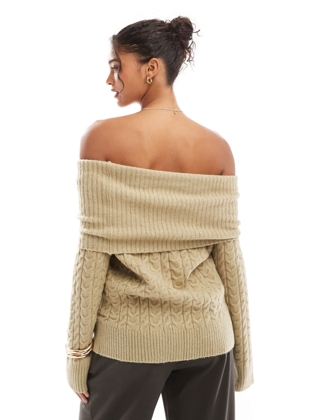 Bershka bardot cable knit jumper in khaki