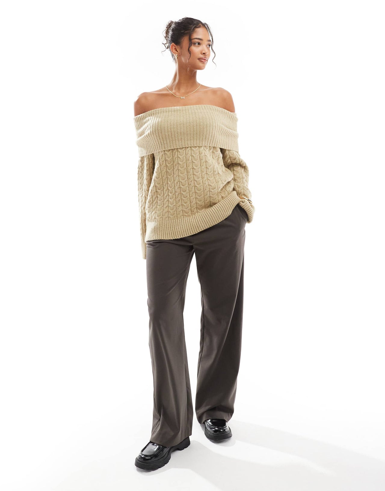 Bershka bardot cable knit jumper in khaki