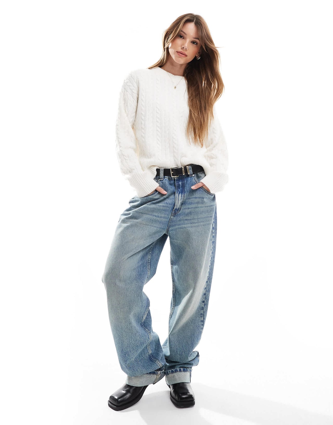 Bershka high neck oversized cable knit jumper in ecru