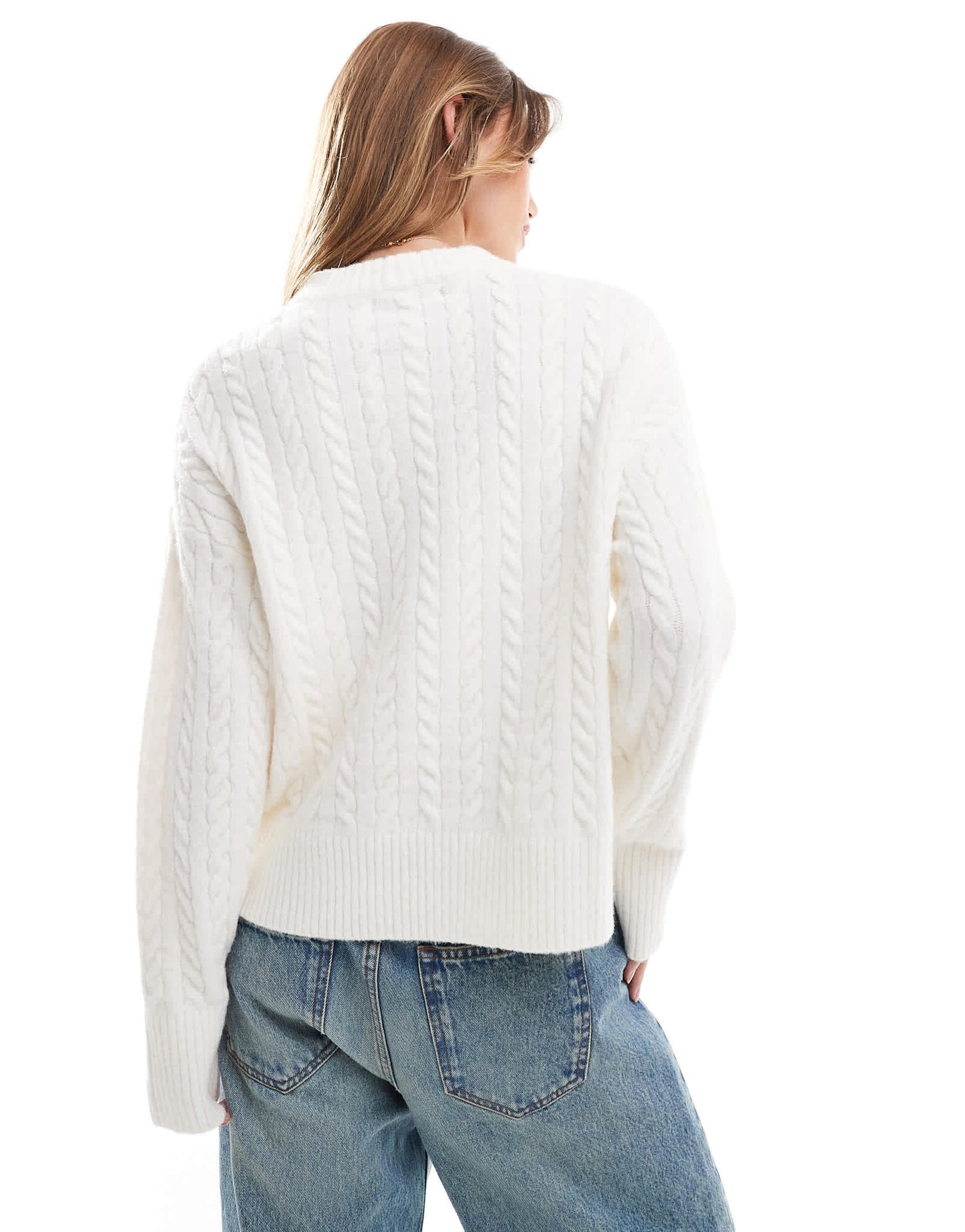 Bershka high neck oversized cable knit jumper in ecru