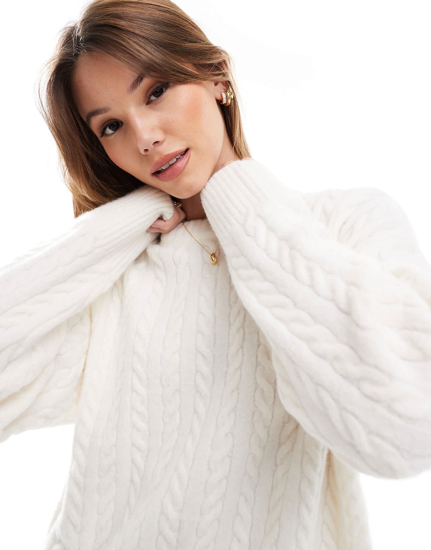 Bershka high neck oversized cable knit jumper in ecru