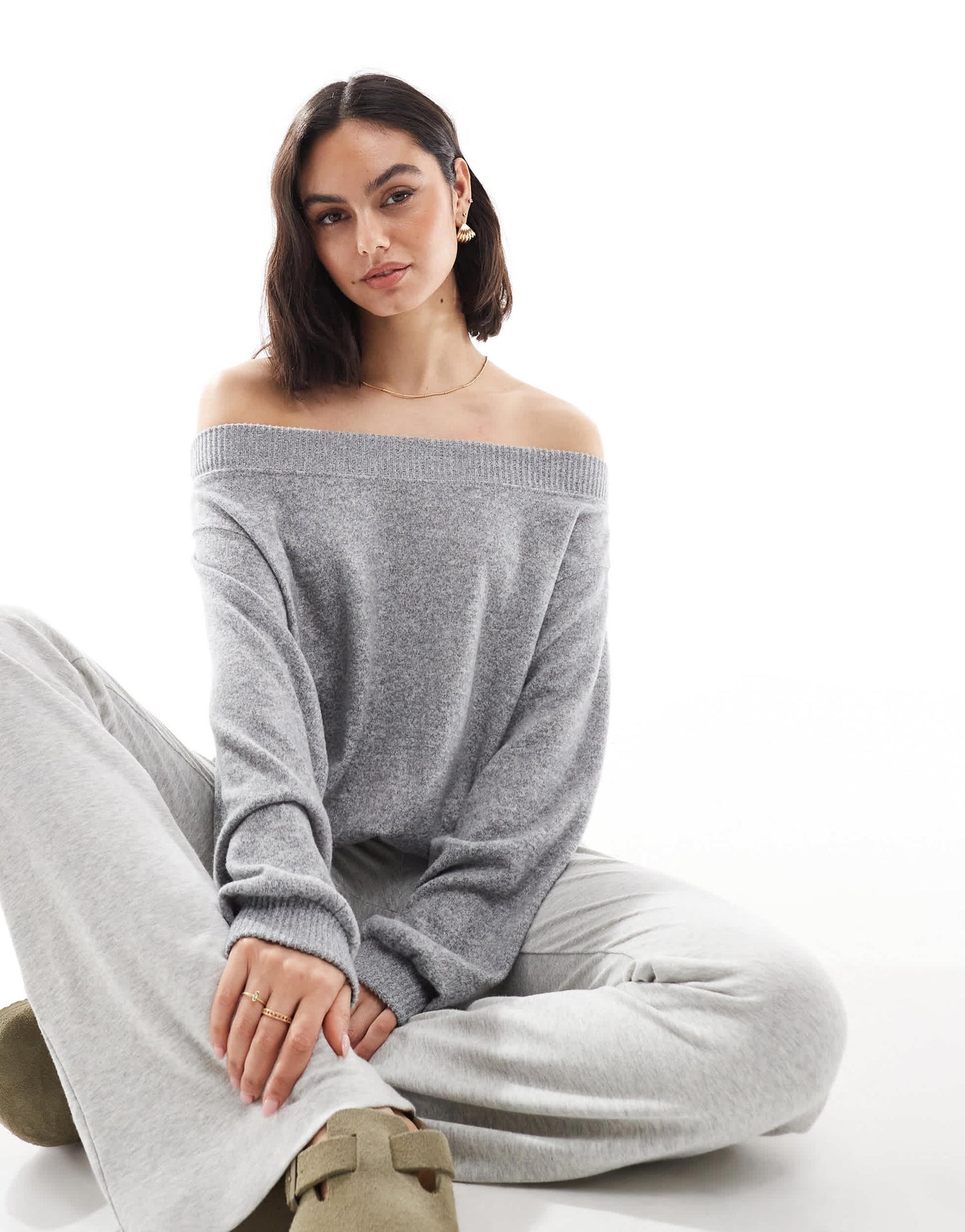 Bershka off the shoulder knit top in grey marl