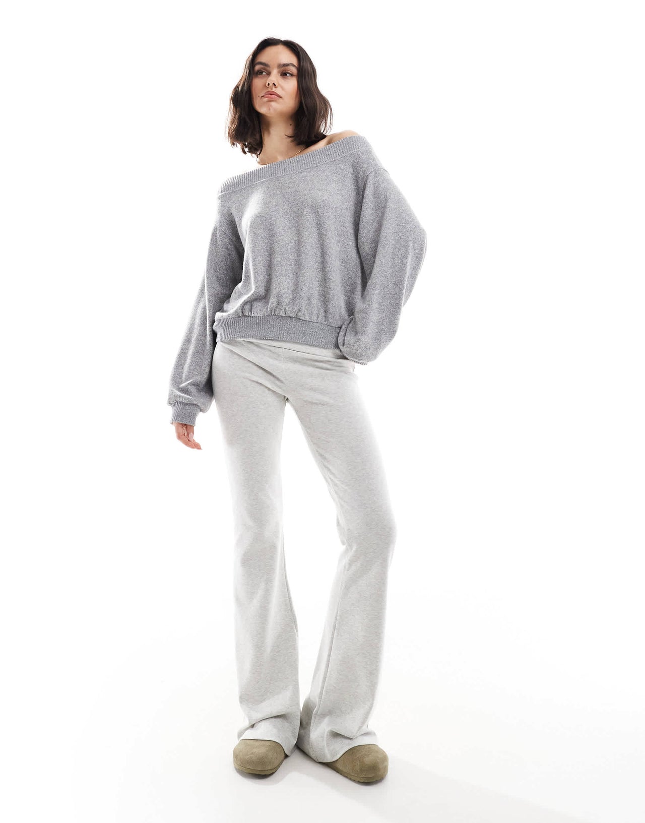 Bershka off the shoulder knit top in grey marl
