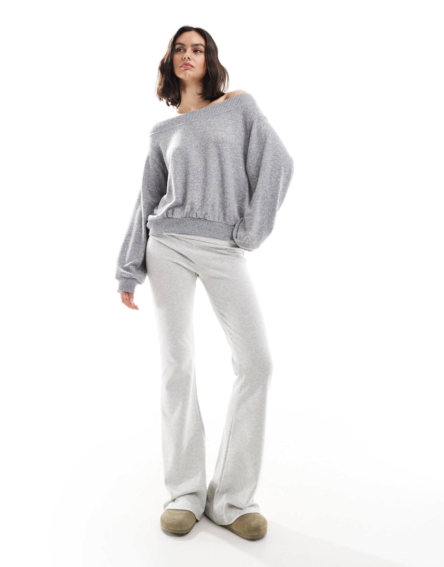Bershka off the shoulder knit top in grey marl
