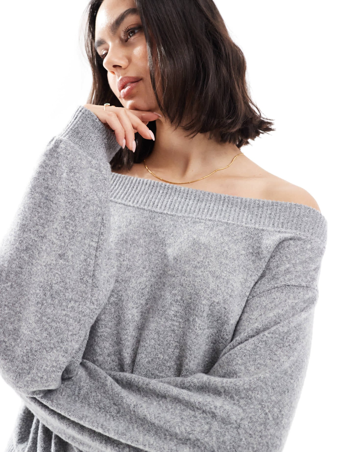 Bershka off the shoulder knit top in grey marl