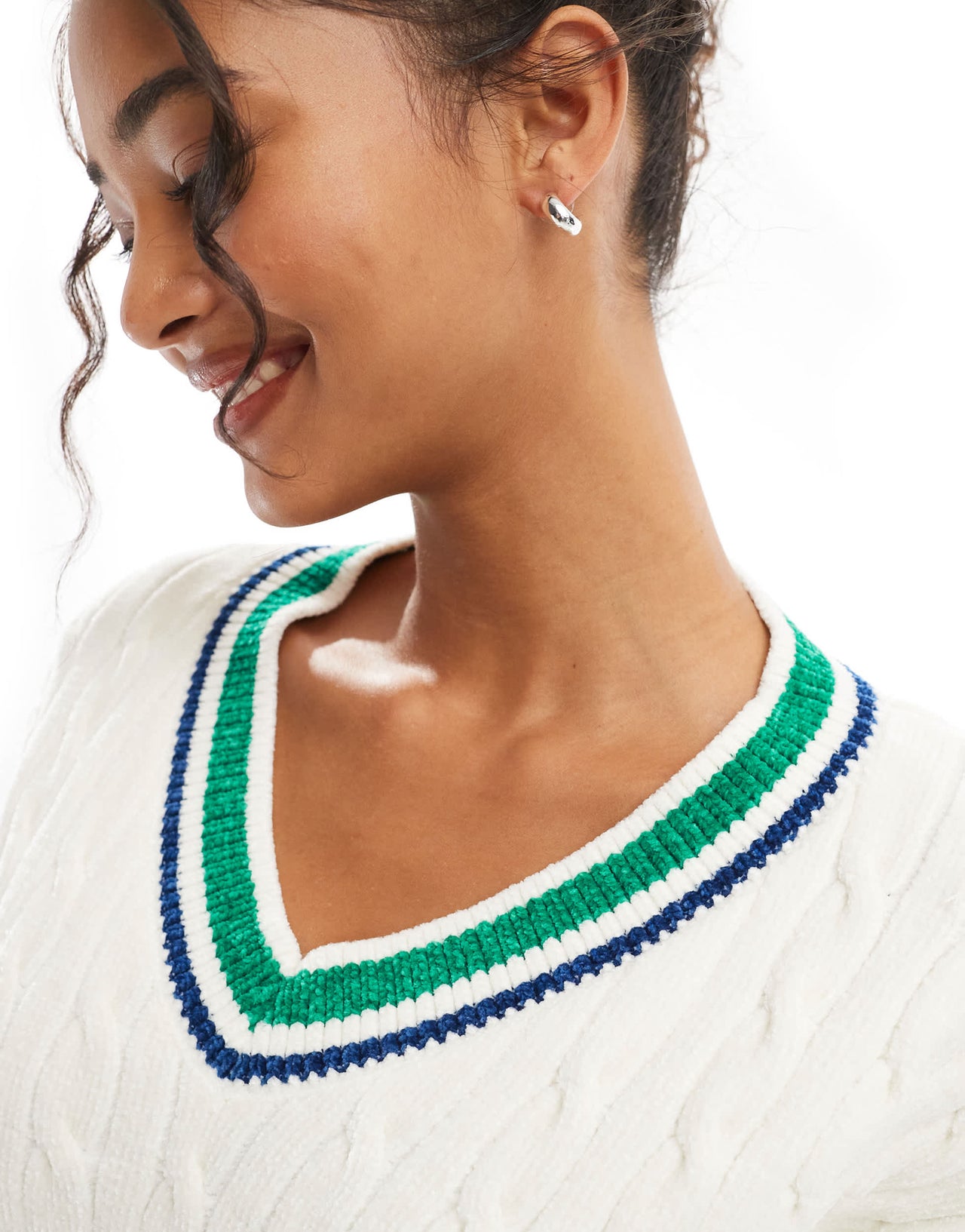 Bershka contrast trim cricket jumper in white