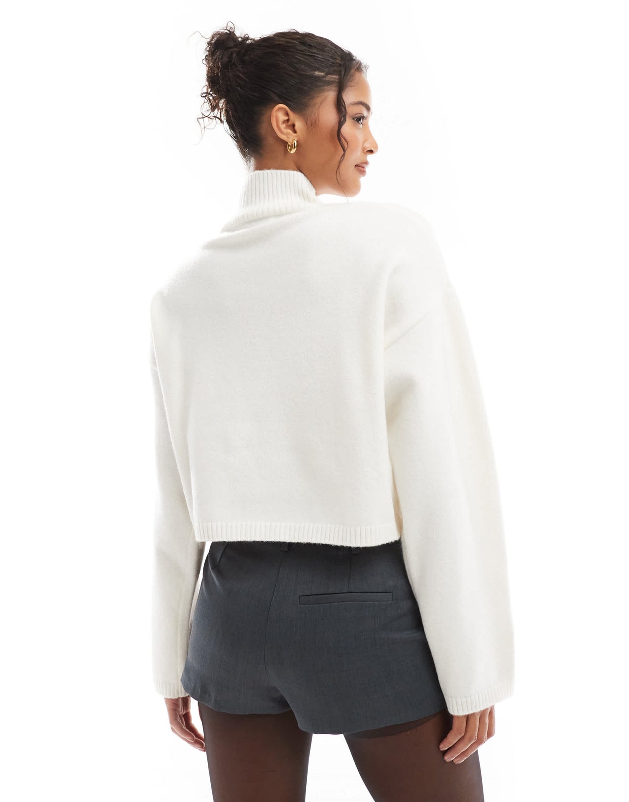 Bershka gold button detail high neck jumper in white