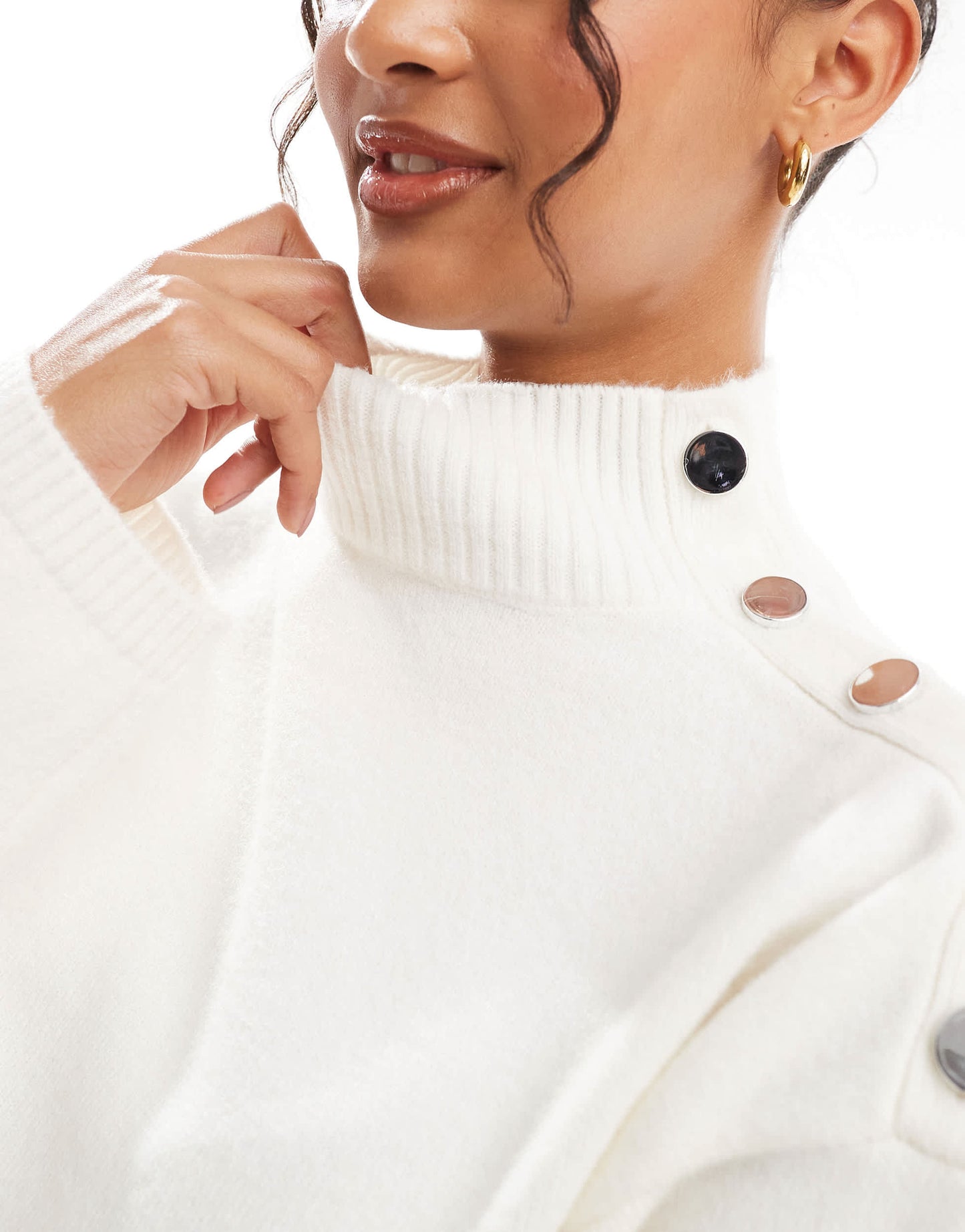 Bershka gold button detail high neck jumper in white