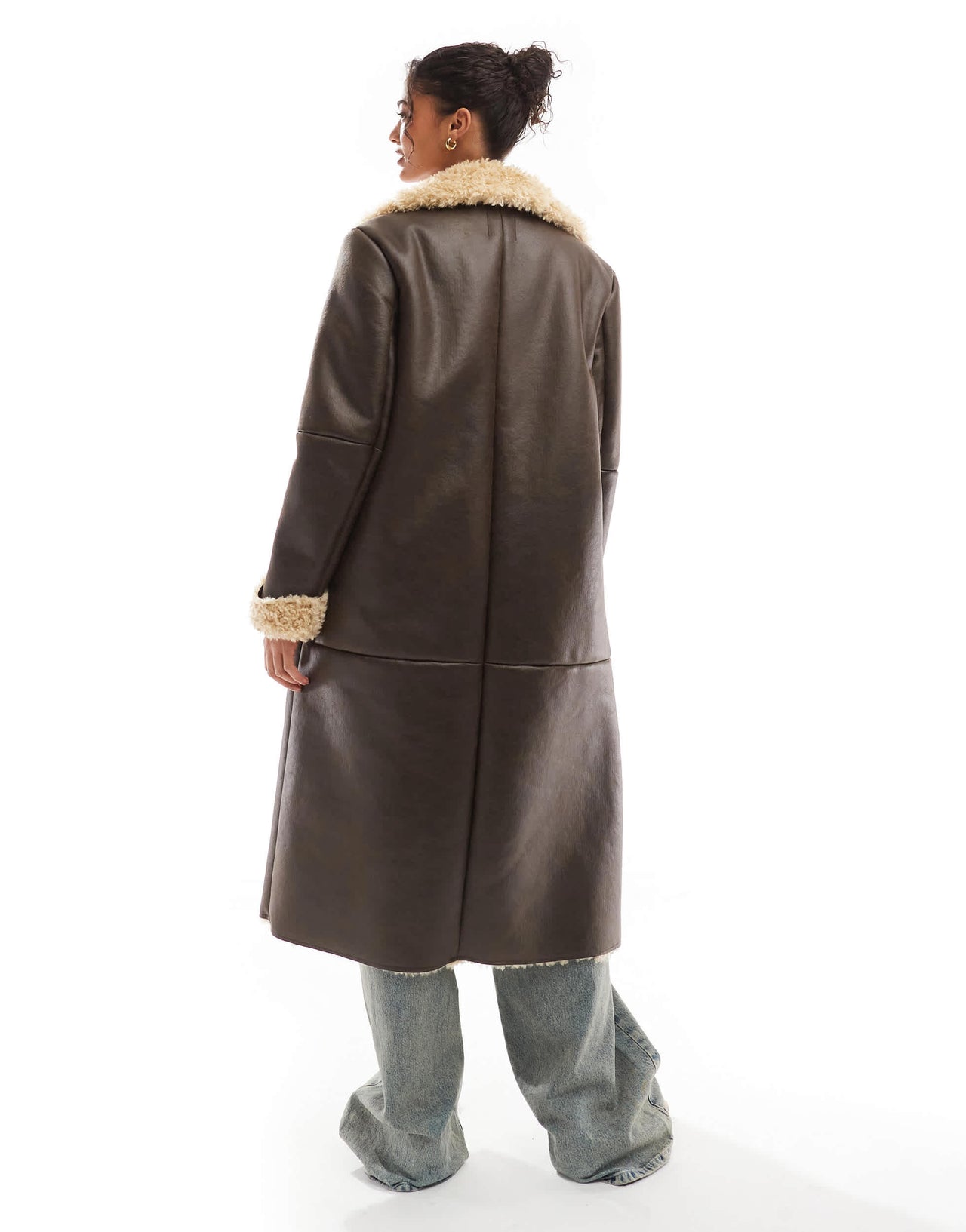 Bershka shearling oversized maxi jacket in brown