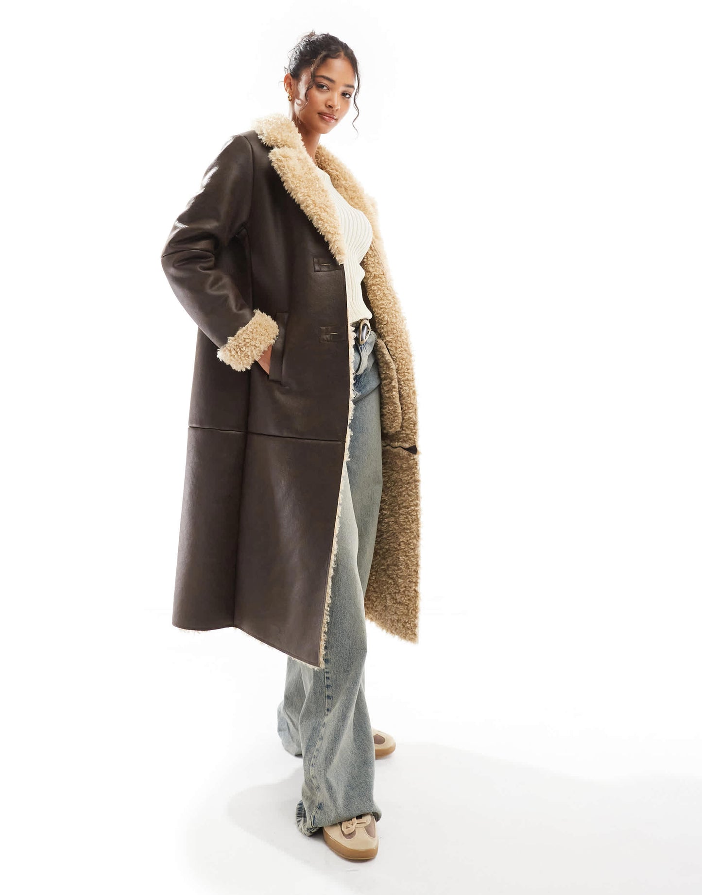 Bershka shearling oversized maxi jacket in brown