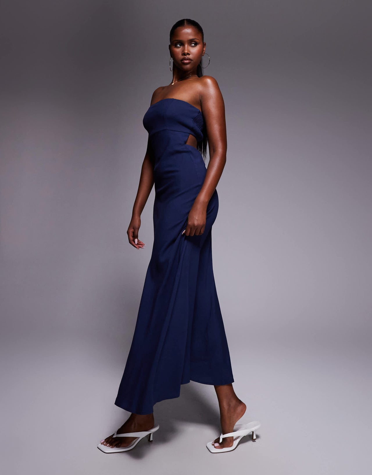 Princess Polly Yahir linen bandeau shirred back cut out detail maxi dress in navy