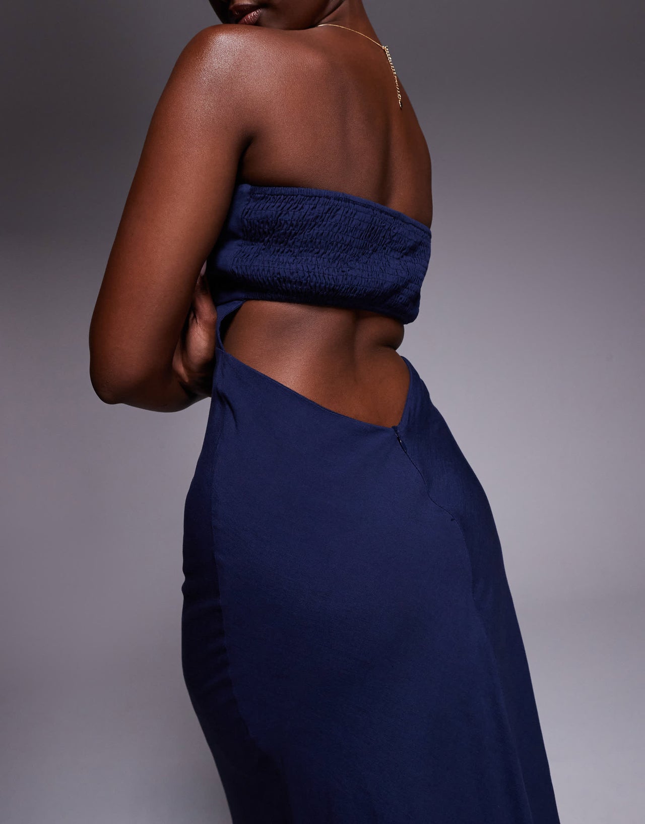 Princess Polly Yahir linen bandeau shirred back cut out detail maxi dress in navy