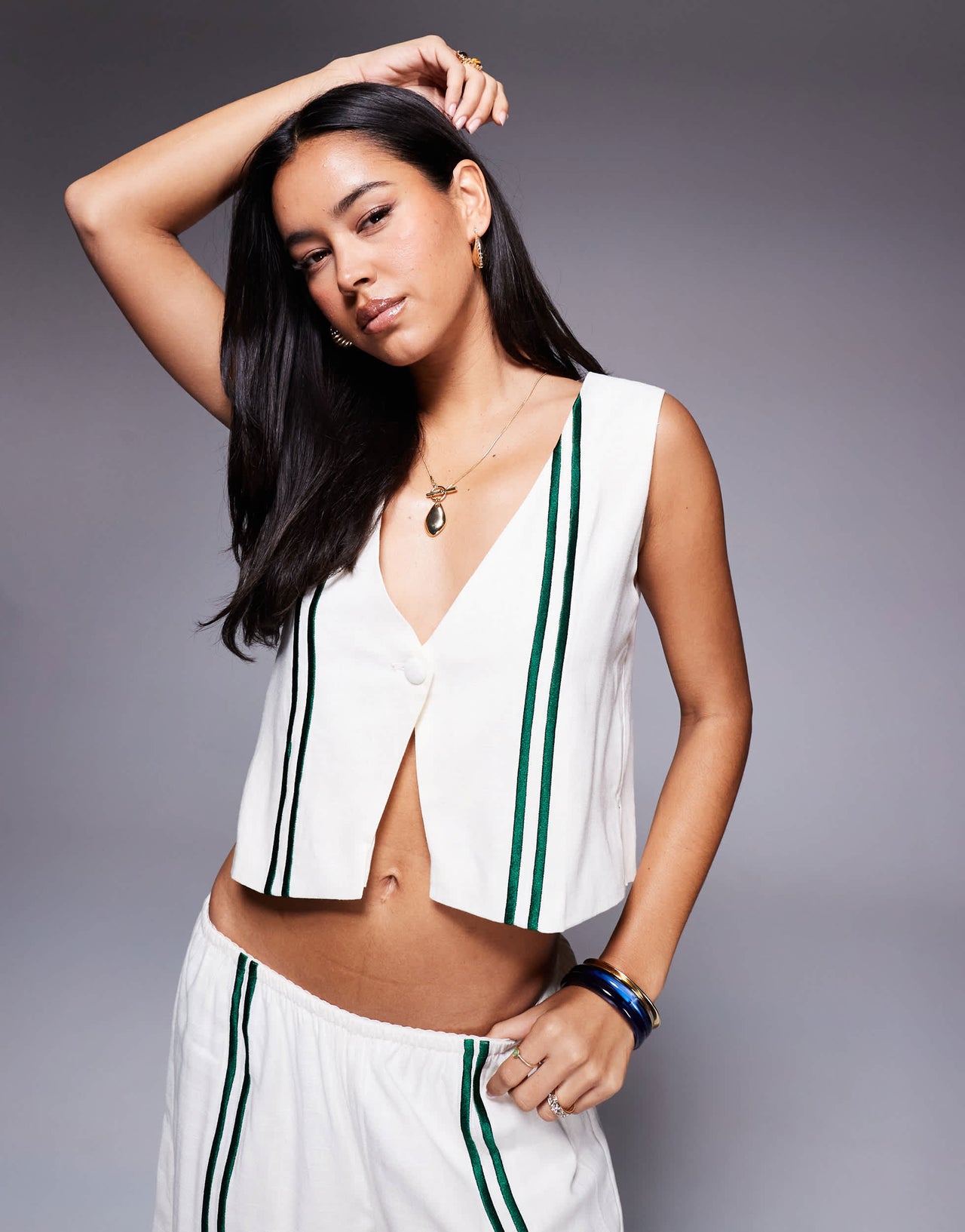 Princess Polly Henny linen blend stripe detail tailored waistcoat co-ord in cream
