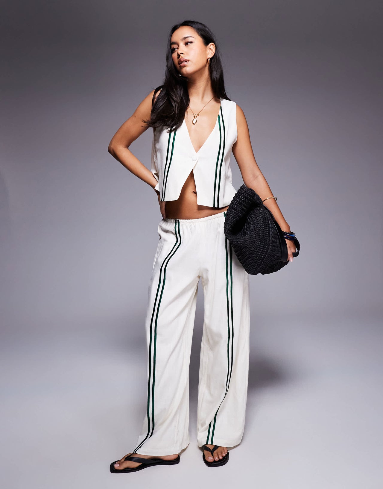 Princess Polly Henny linen blend stripe detail tailored waistcoat co-ord in cream