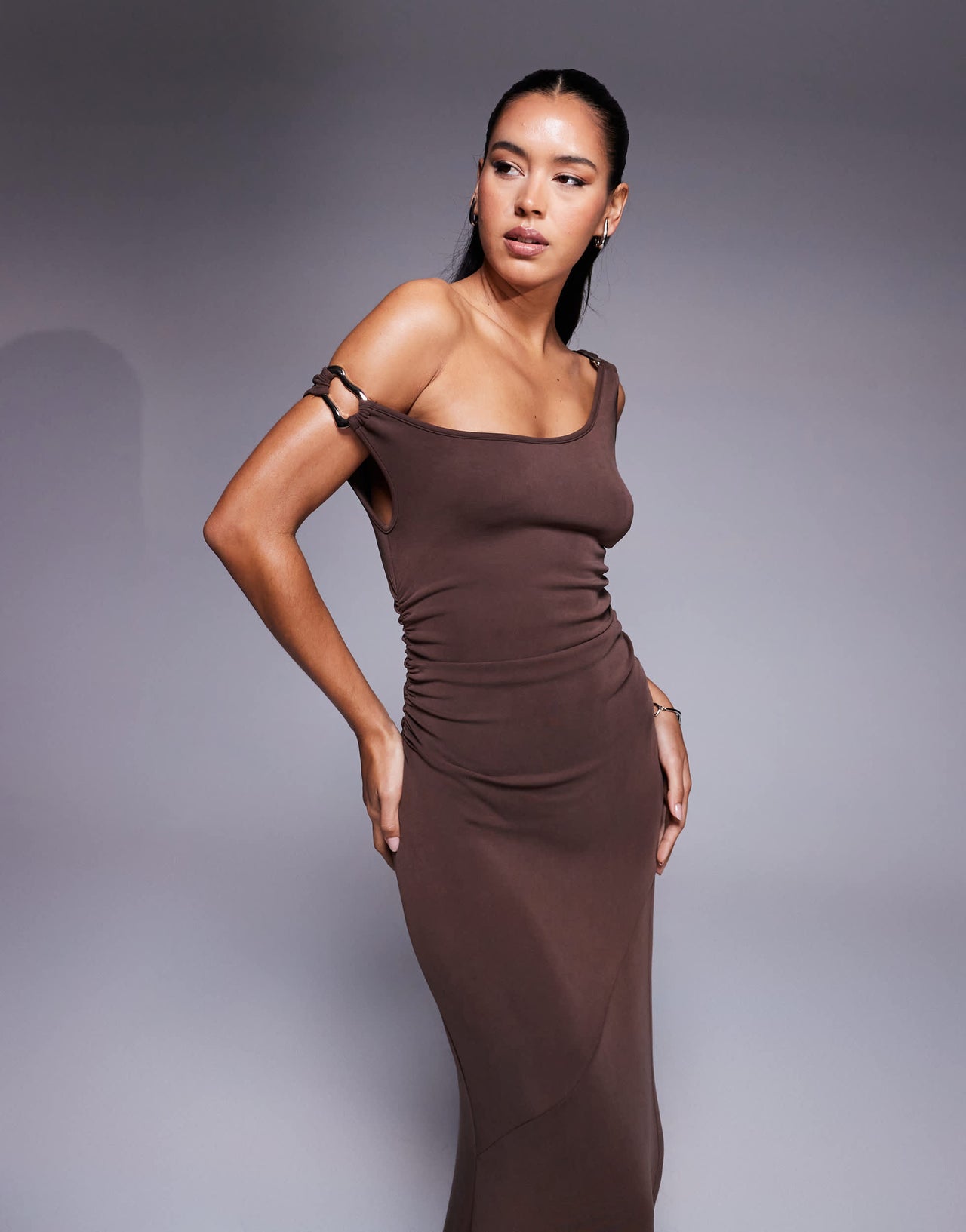 Princess Polly Rios metal detail one shoulder thigh split maxi dress in mocha brown