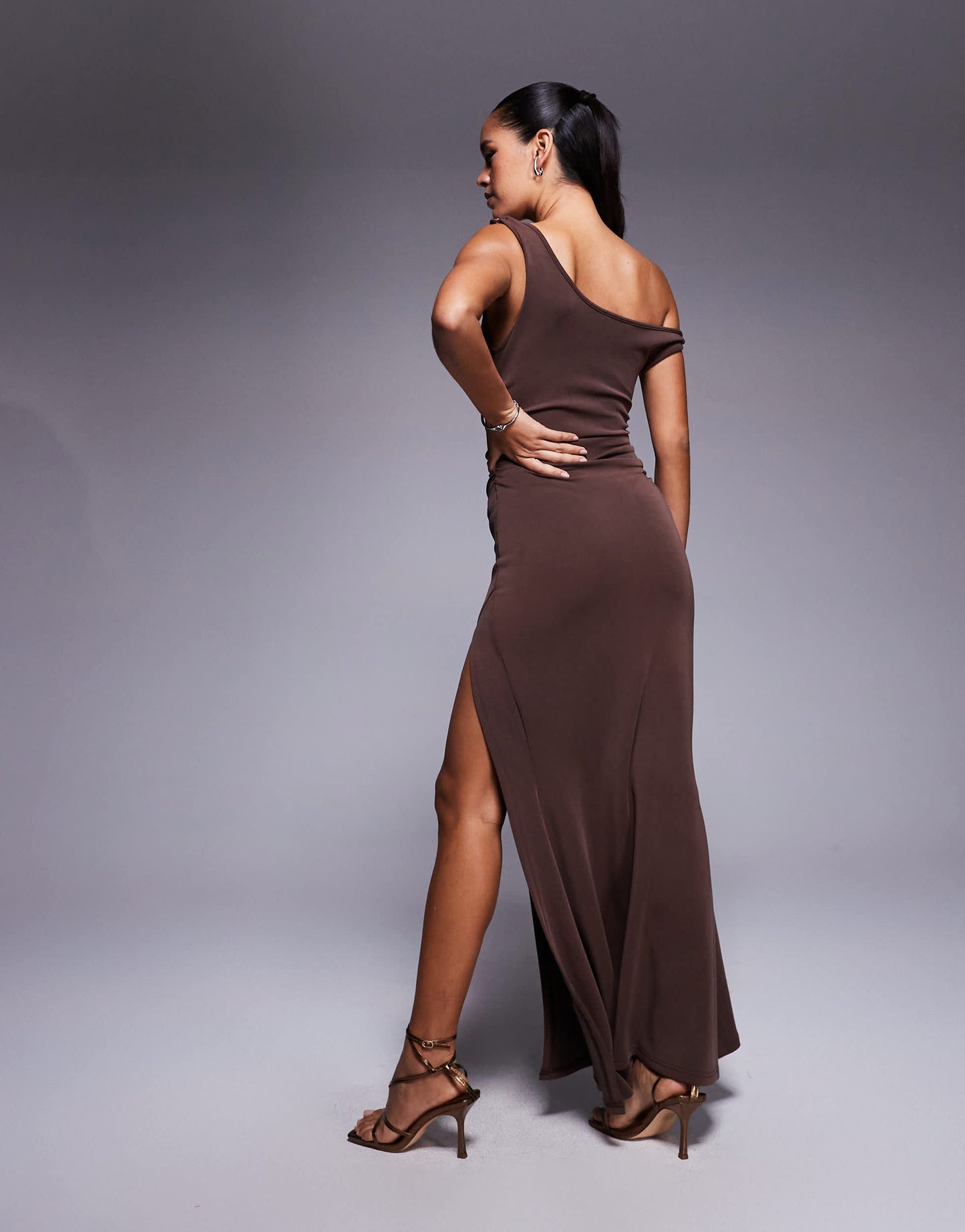 Princess Polly Rios metal detail one shoulder thigh split maxi dress in mocha brown