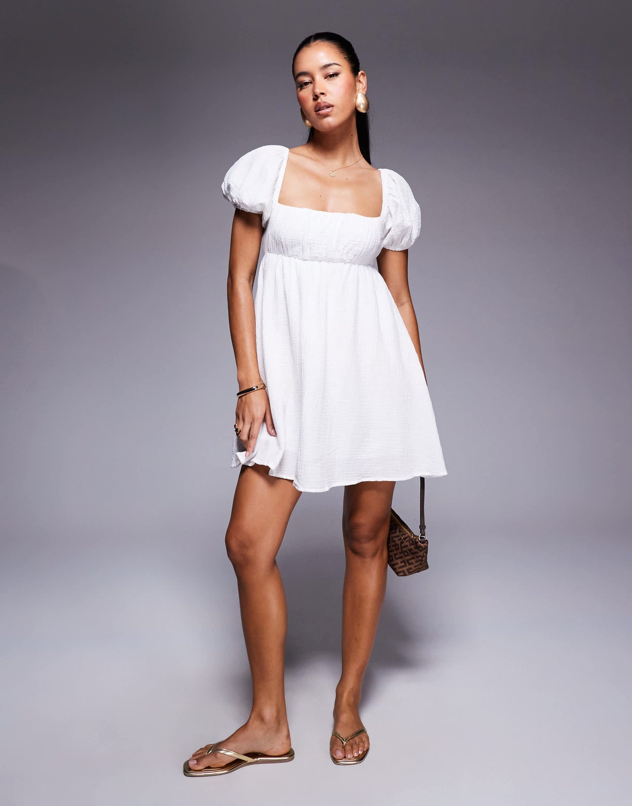 Princess Polly Let's Dance cheesecloth puff sleeve open tie back mini smock dress in white