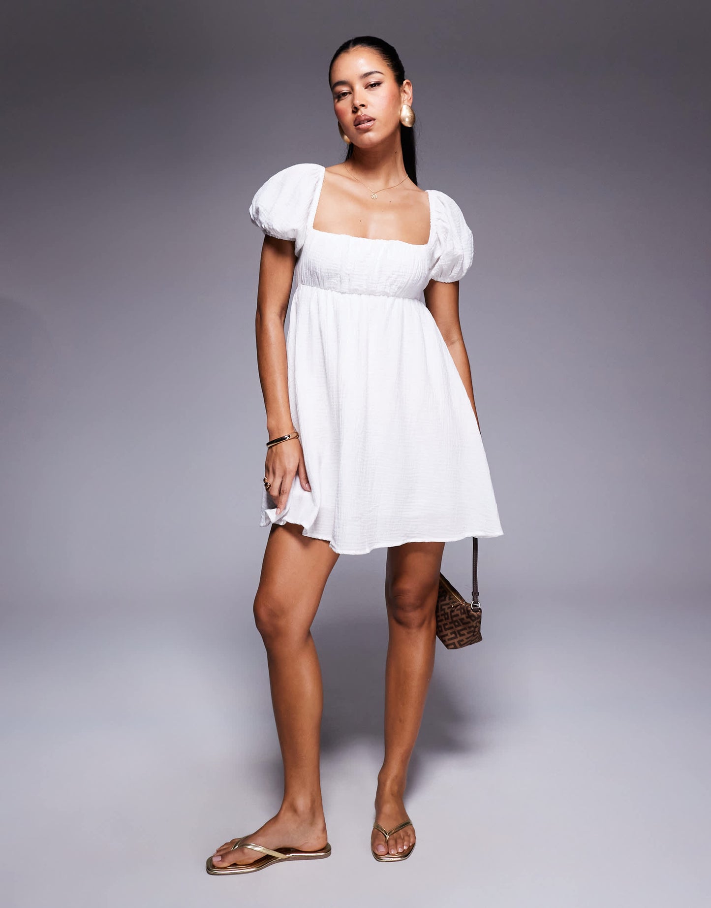 Princess Polly Let's Dance cheesecloth puff sleeve open tie back mini smock dress in white