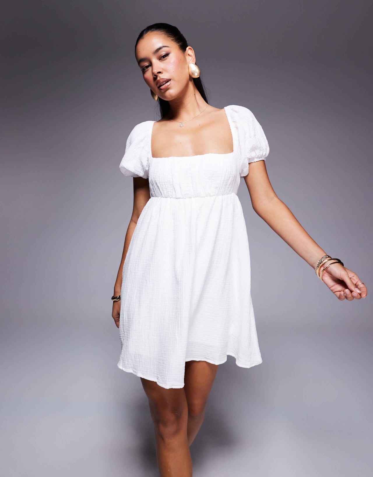 Princess Polly Let's Dance cheesecloth puff sleeve open tie back mini smock dress in white