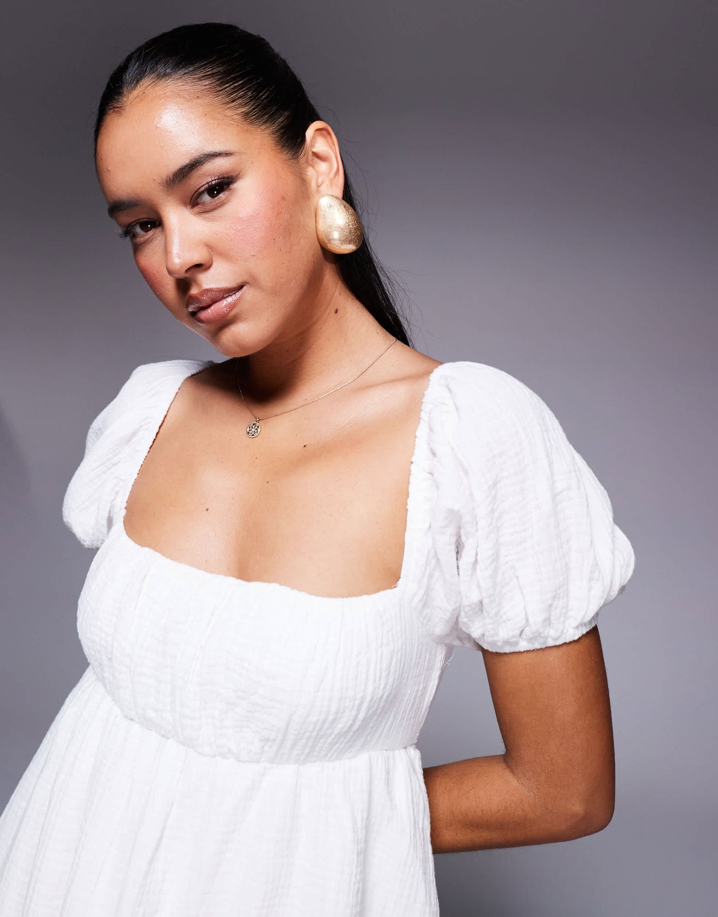 Princess Polly Let's Dance cheesecloth puff sleeve open tie back mini smock dress in white