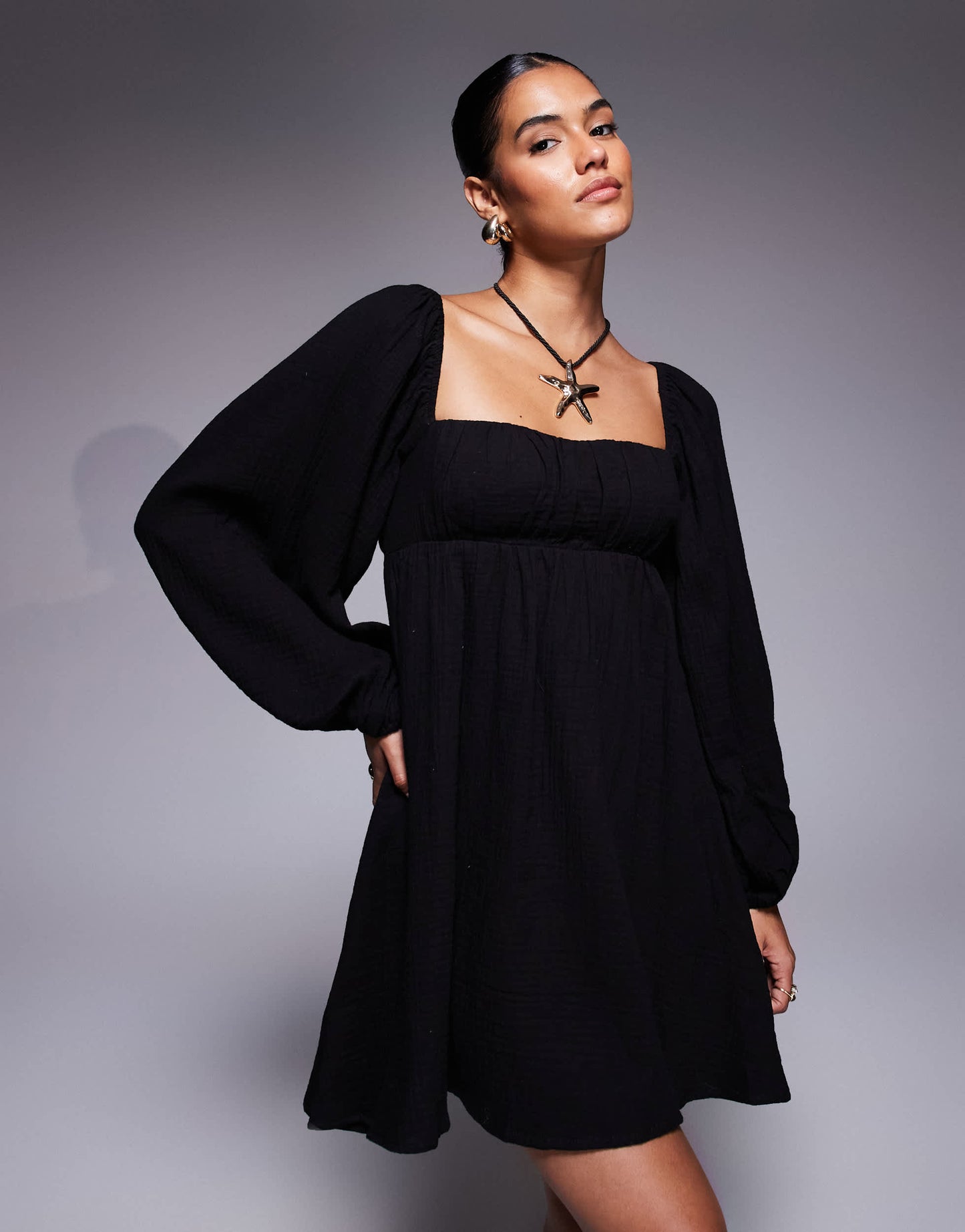 Princess Polly Let's Dance cotton linen look puff sleeve long sleeve open tie back mini smock dress in black