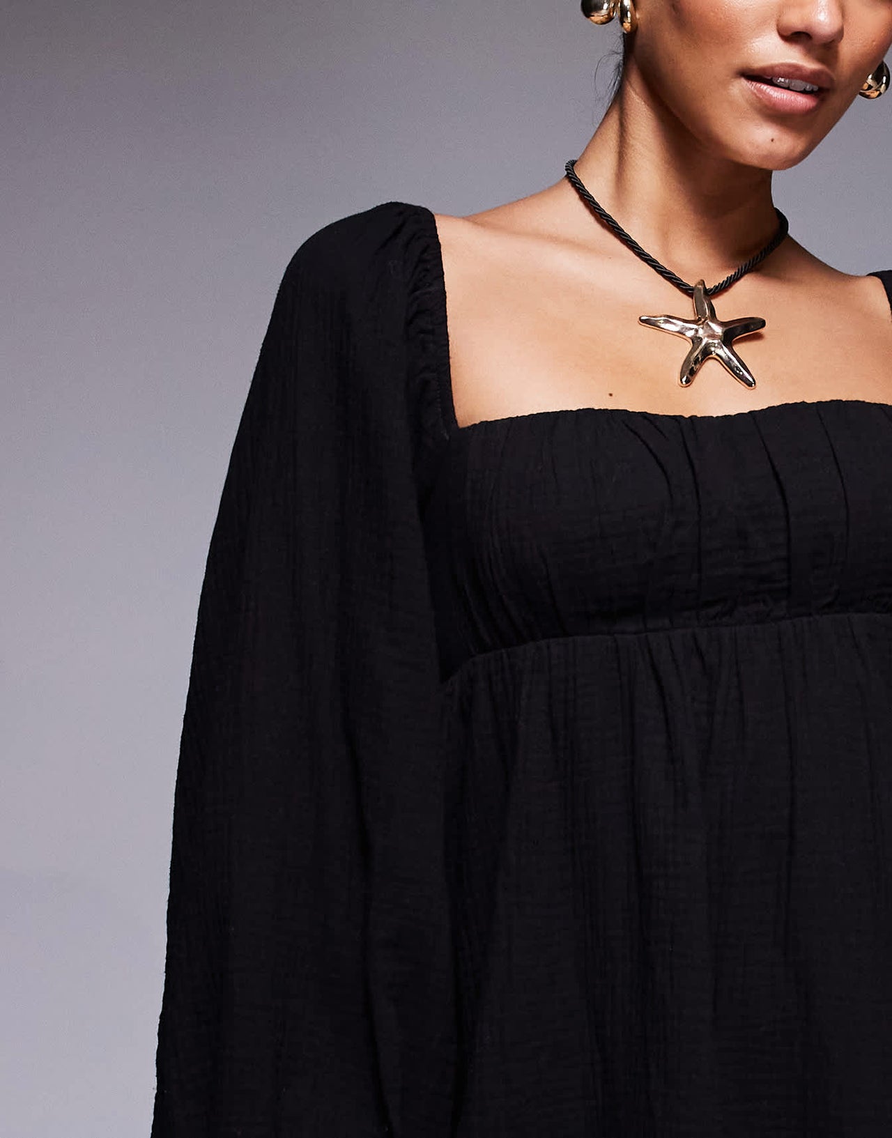 Princess Polly Let's Dance cotton linen look puff sleeve long sleeve open tie back mini smock dress in black
