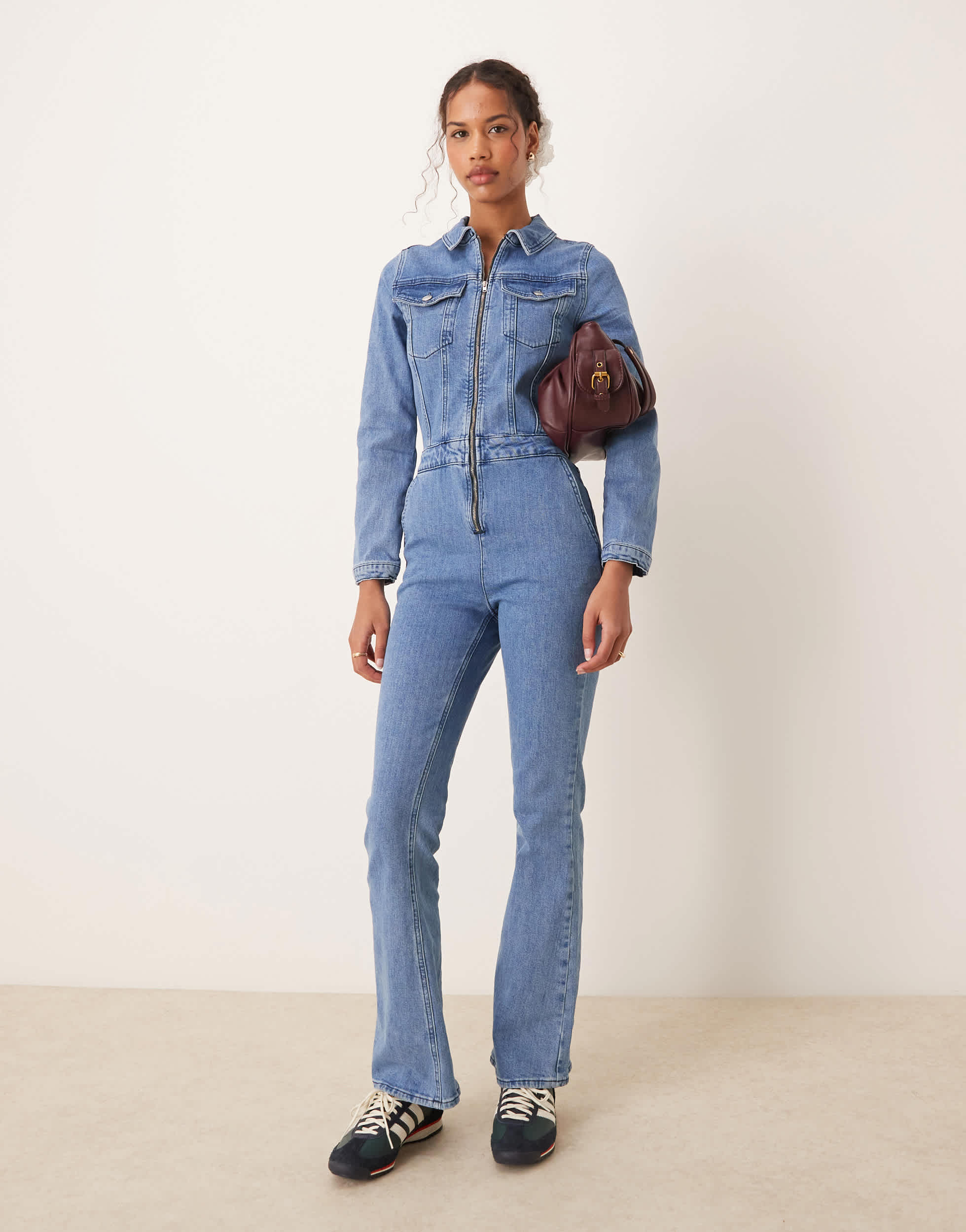 ASOS DESIGN denim long sleeve jumpsuit in mid blue