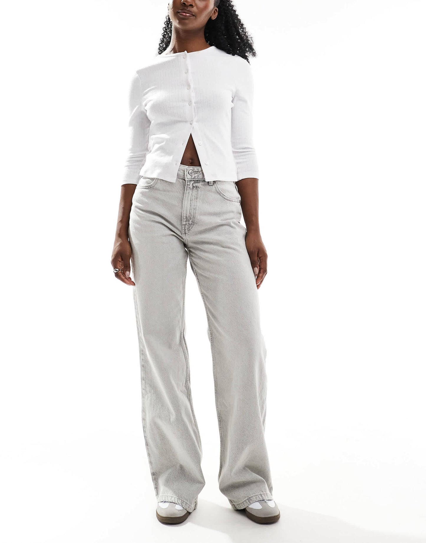Pull&Bear high rise wide leg jean in washed light grey