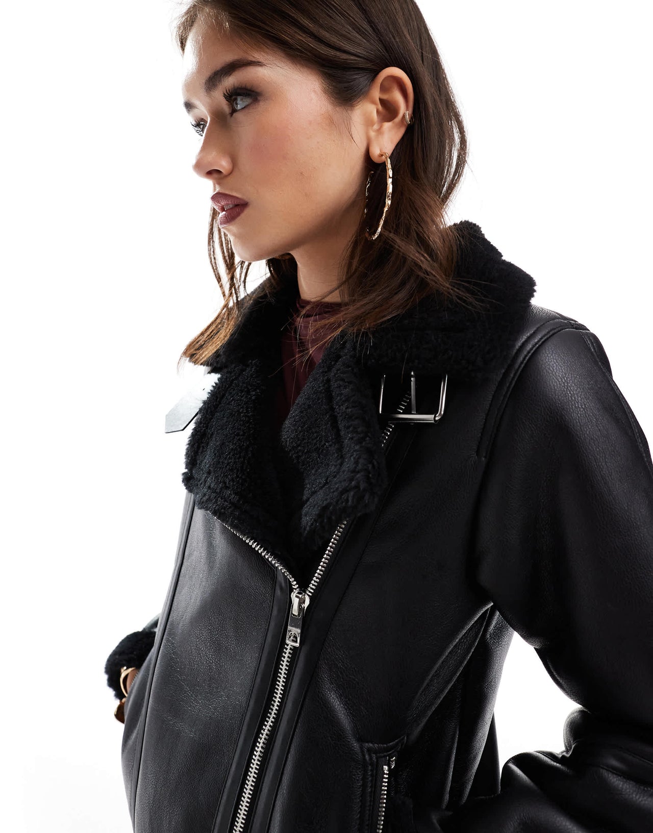Pull&Bear faux leather oversized aviator jacket in black