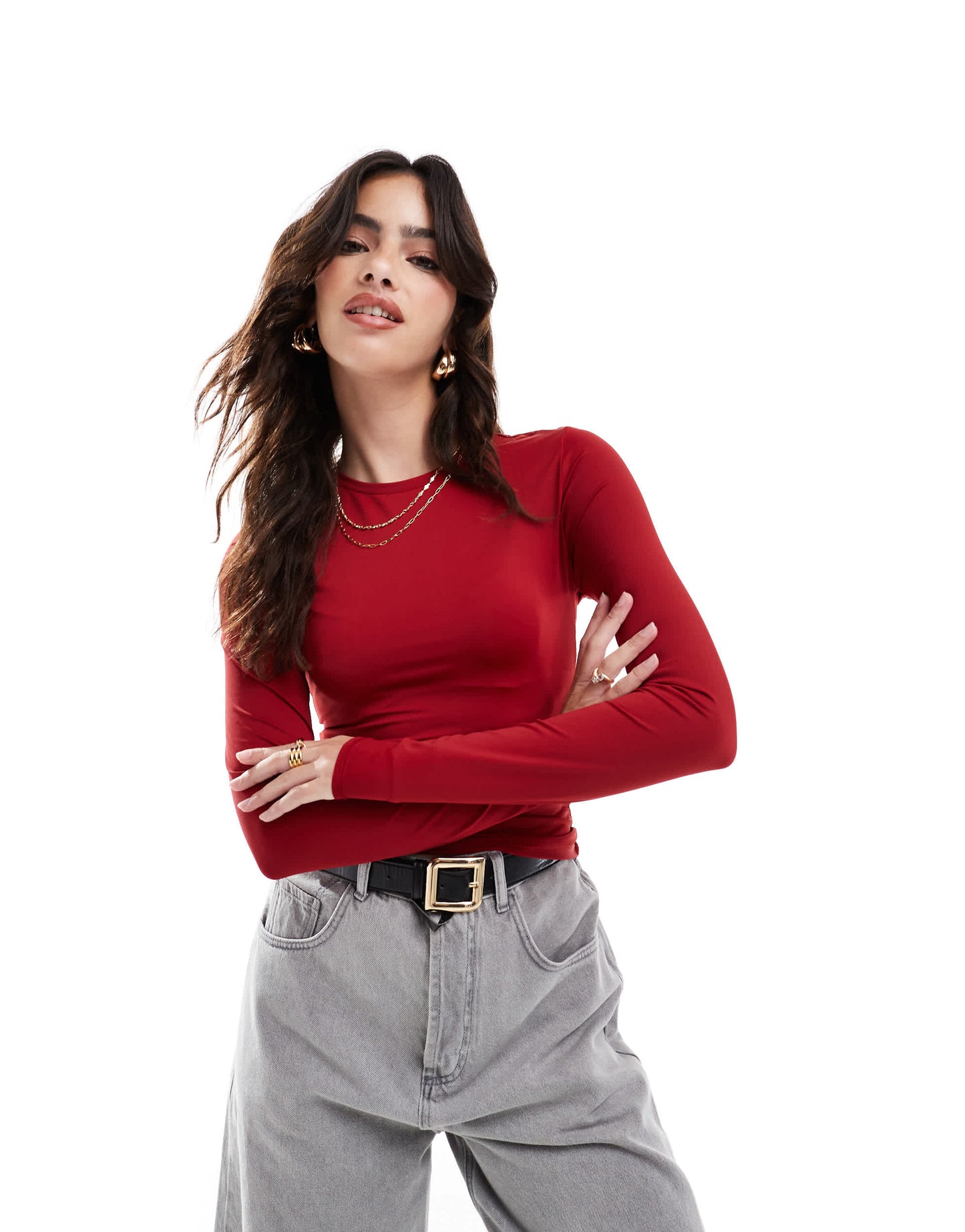 Pull&Bear polyamide sculpt long sleeved top in dark red