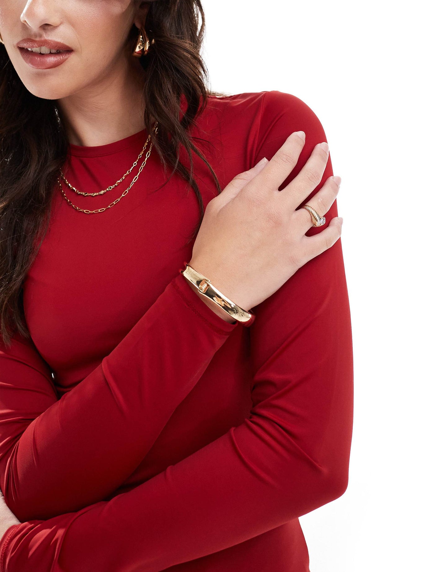 Pull&Bear polyamide sculpt long sleeved top in dark red