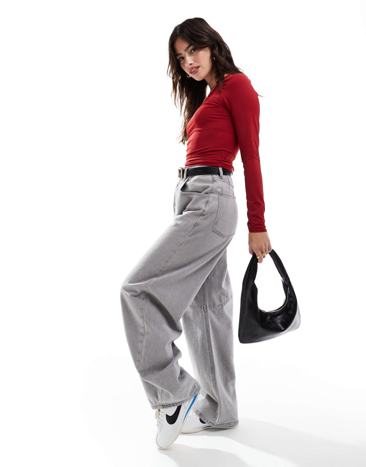 Pull&Bear polyamide sculpt long sleeved top in dark red