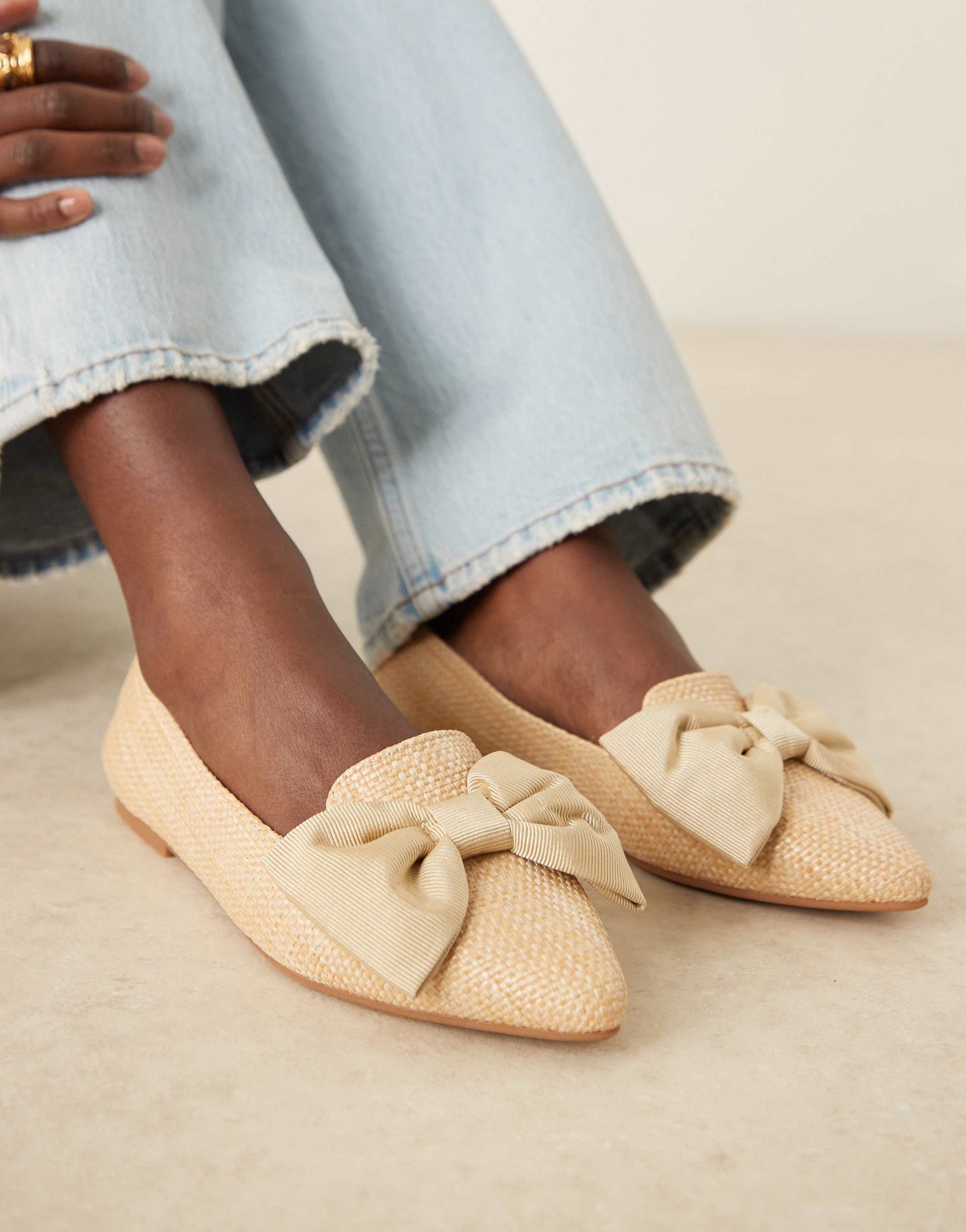 ASOS DESIGN Lake bow pointed ballet flats in natural raffia