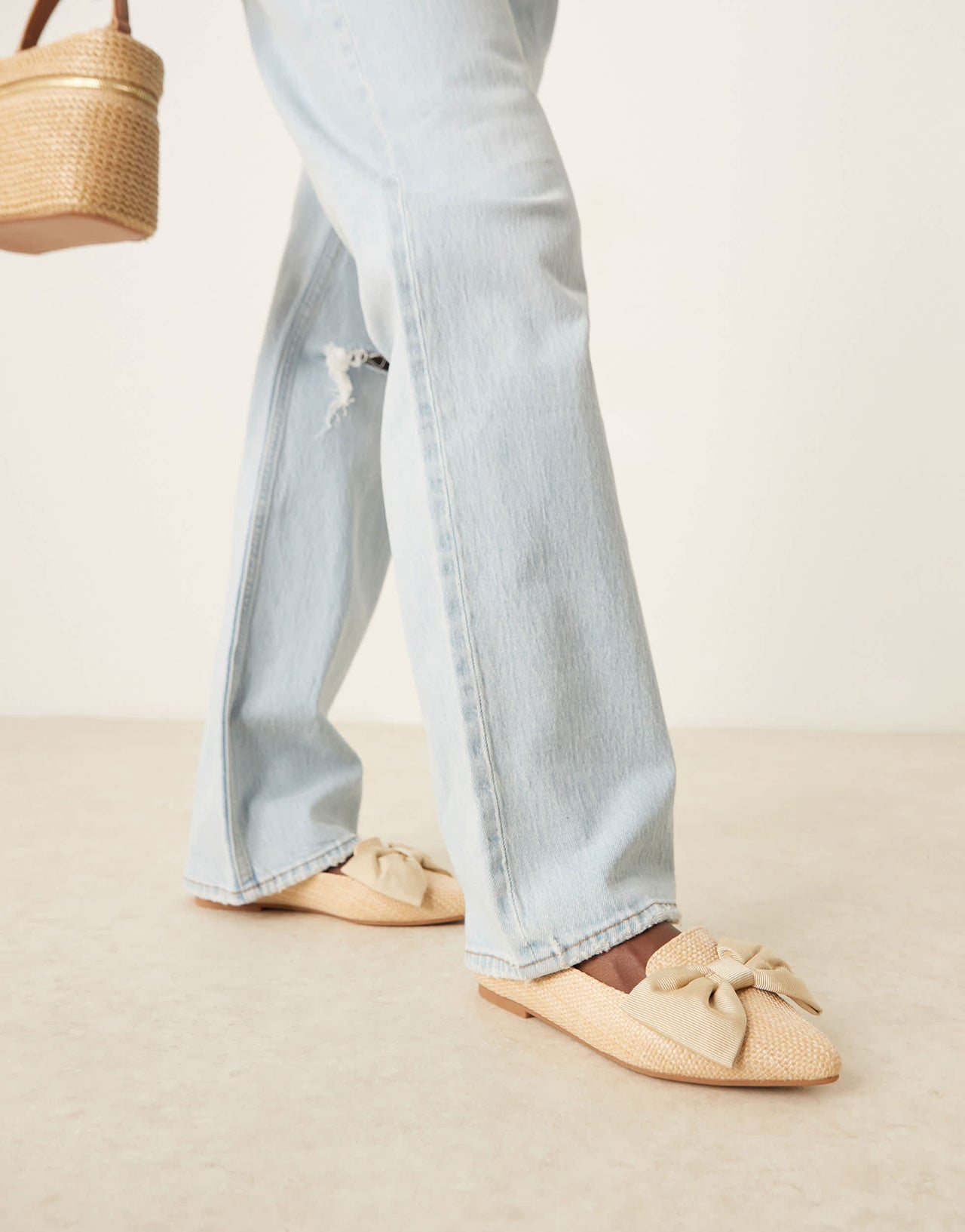 ASOS DESIGN Lake bow pointed ballet flats in natural raffia