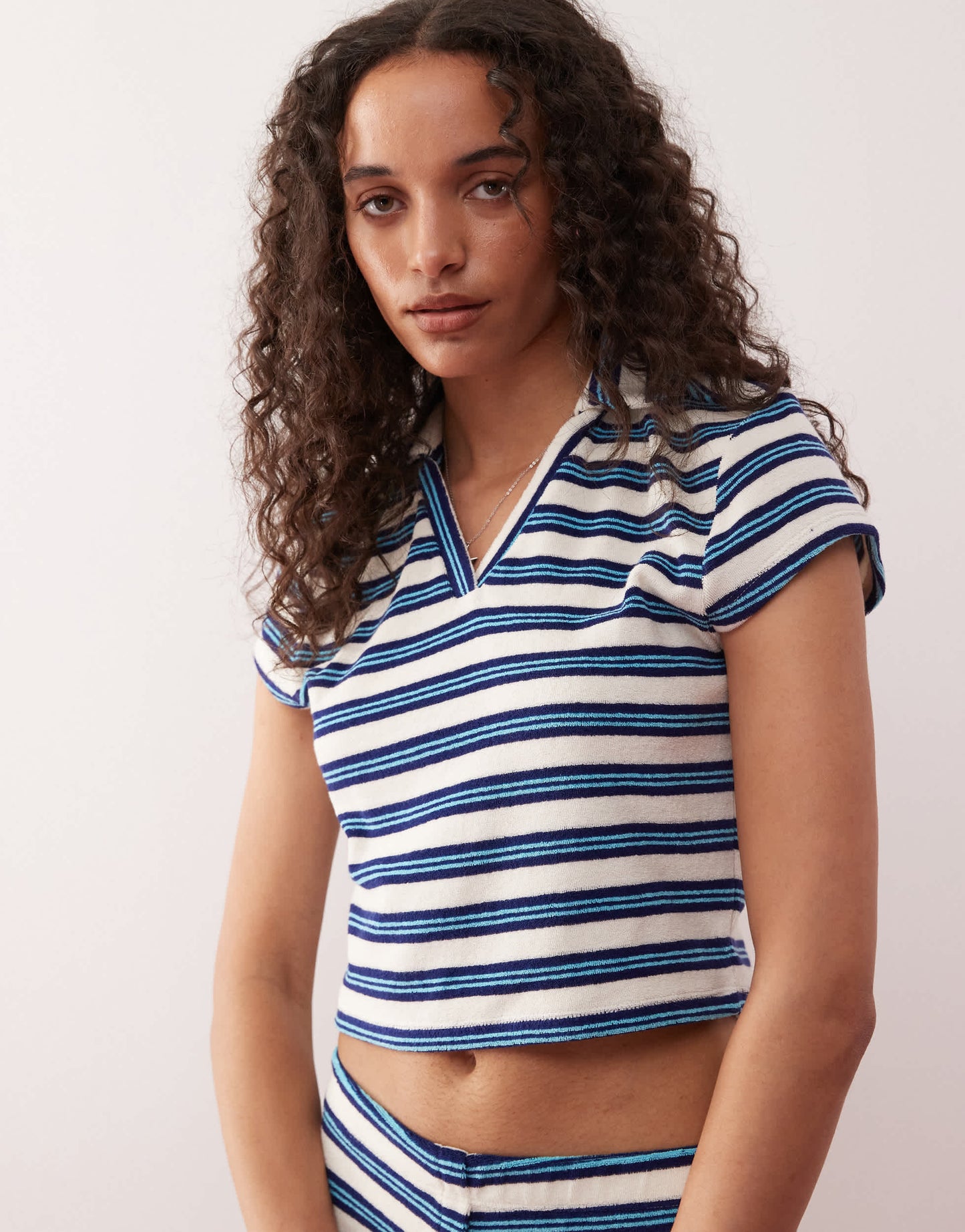 COLLUSION towelling striped polo top co-ord in blue