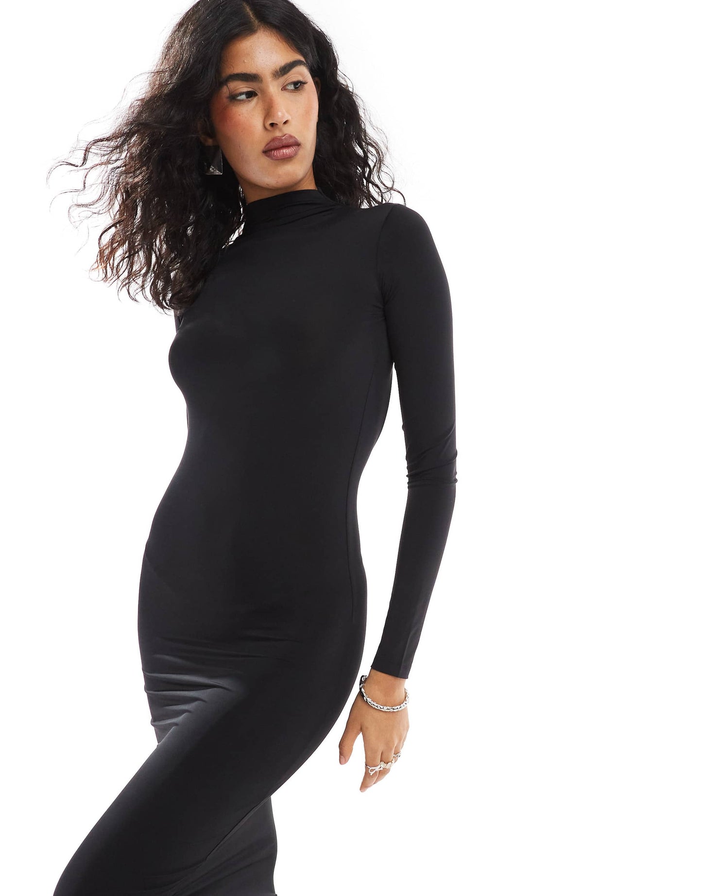 Pull&Bear sculpt polyamide backless maxi dress in black
