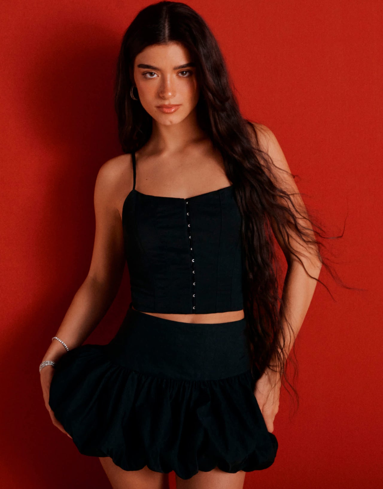 Pull&Bear x Dixie D'Amelio hook and eye co-ord top in black