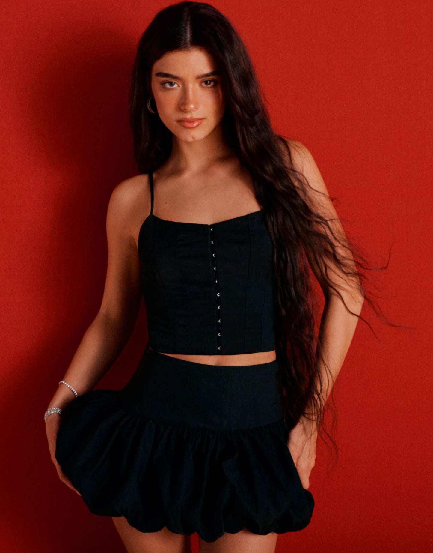Pull&Bear x Dixie D'Amelio hook and eye co-ord top in black