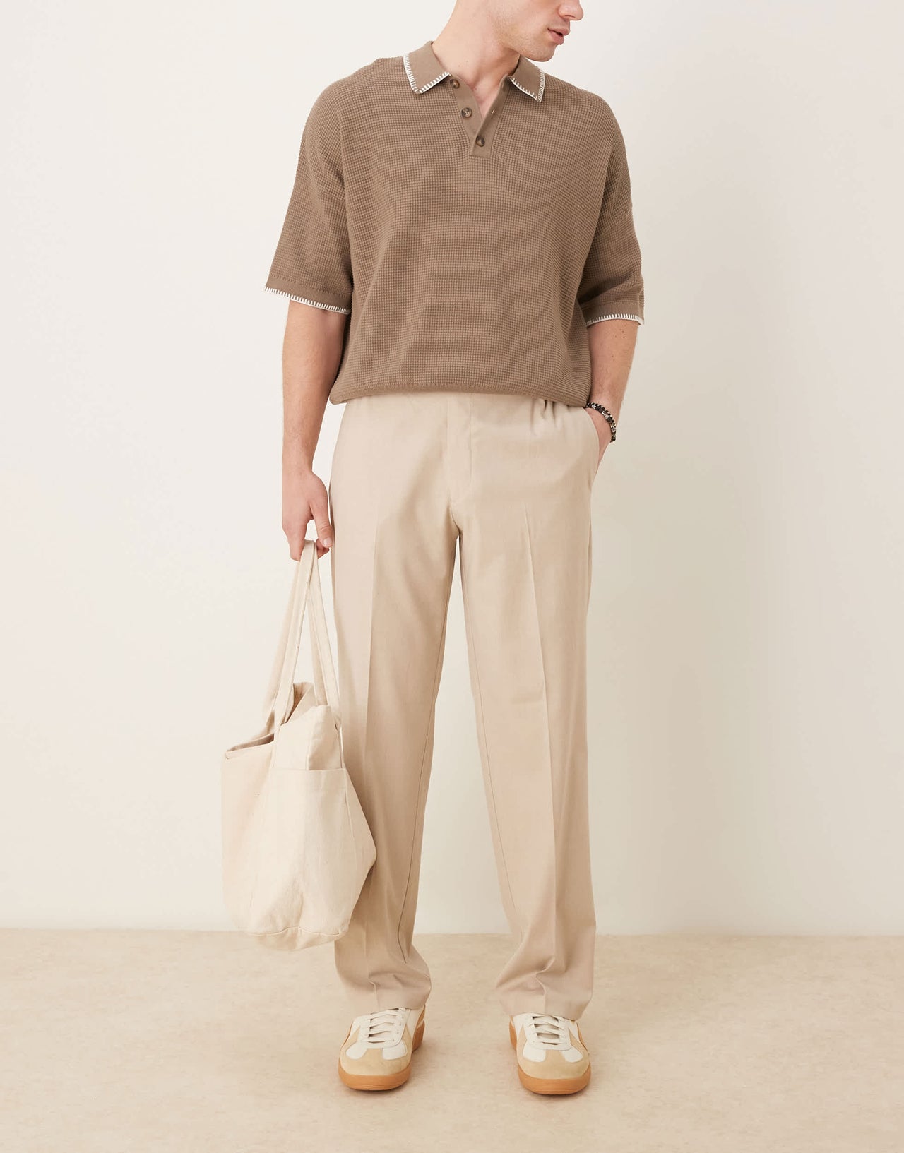 ASOS DESIGN smart straight leg trousers in camel linen look with elasticated waist