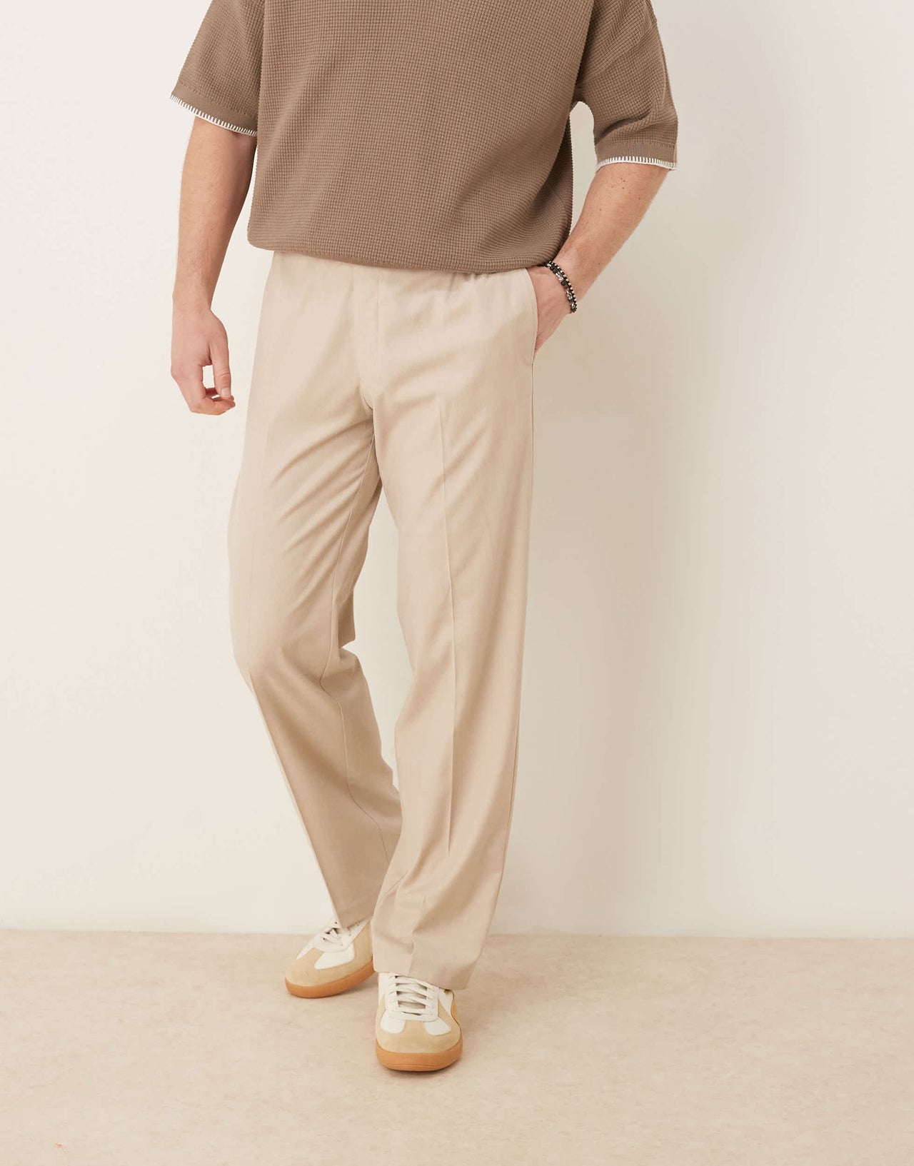 ASOS DESIGN smart straight leg trousers in camel linen look with elasticated waist
