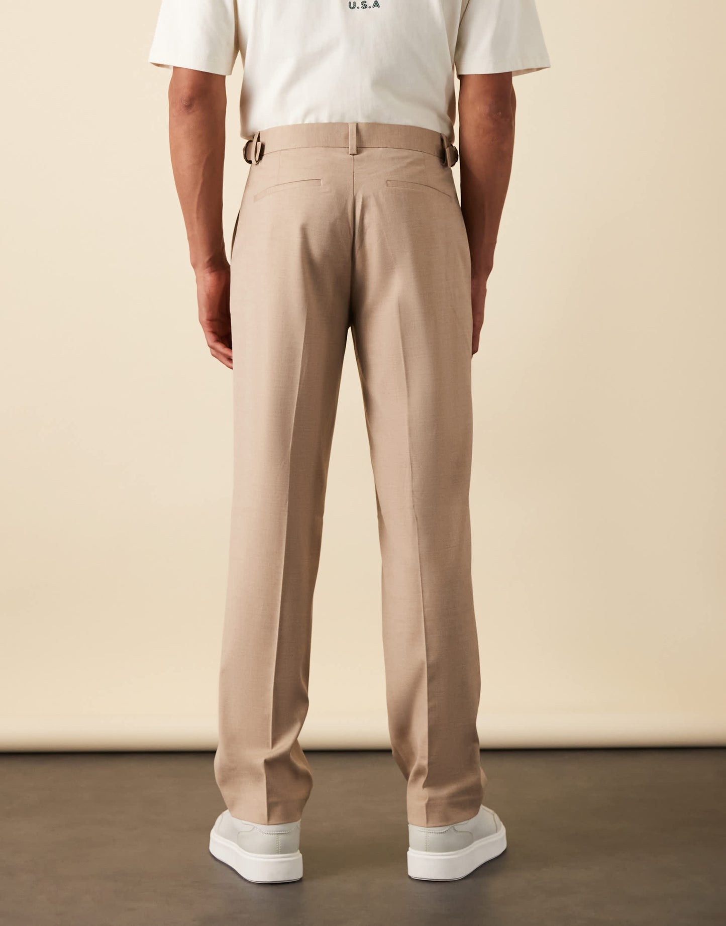 ASOS DESIGN smart straight leg trousers with side adjusters in stone linen look with front pleat