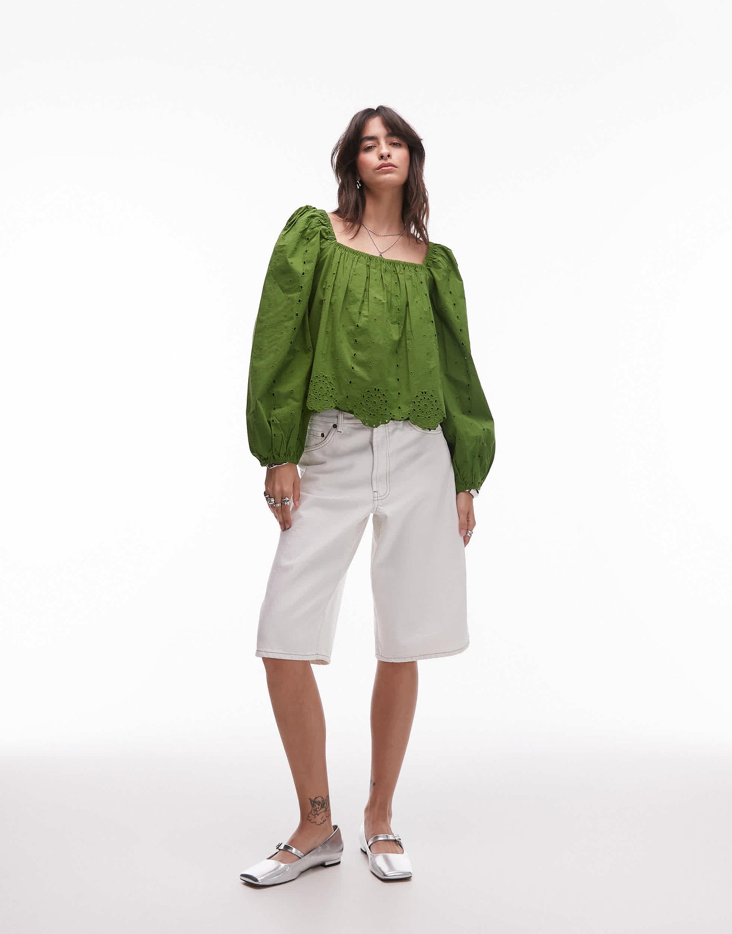 Topshop cutwork long sleeve top in green