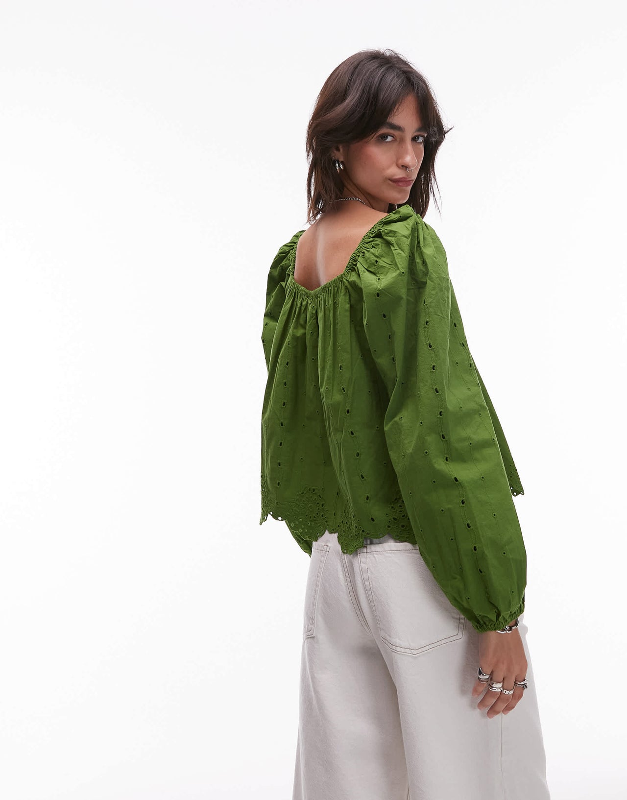Topshop cutwork long sleeve top in green