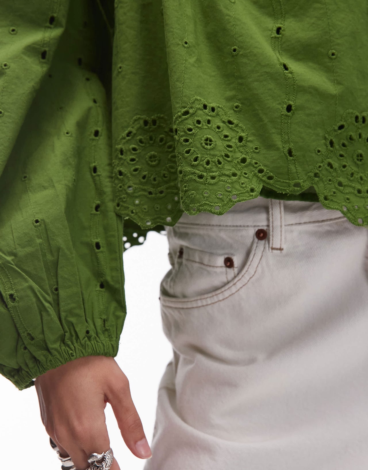 Topshop cutwork long sleeve top in green