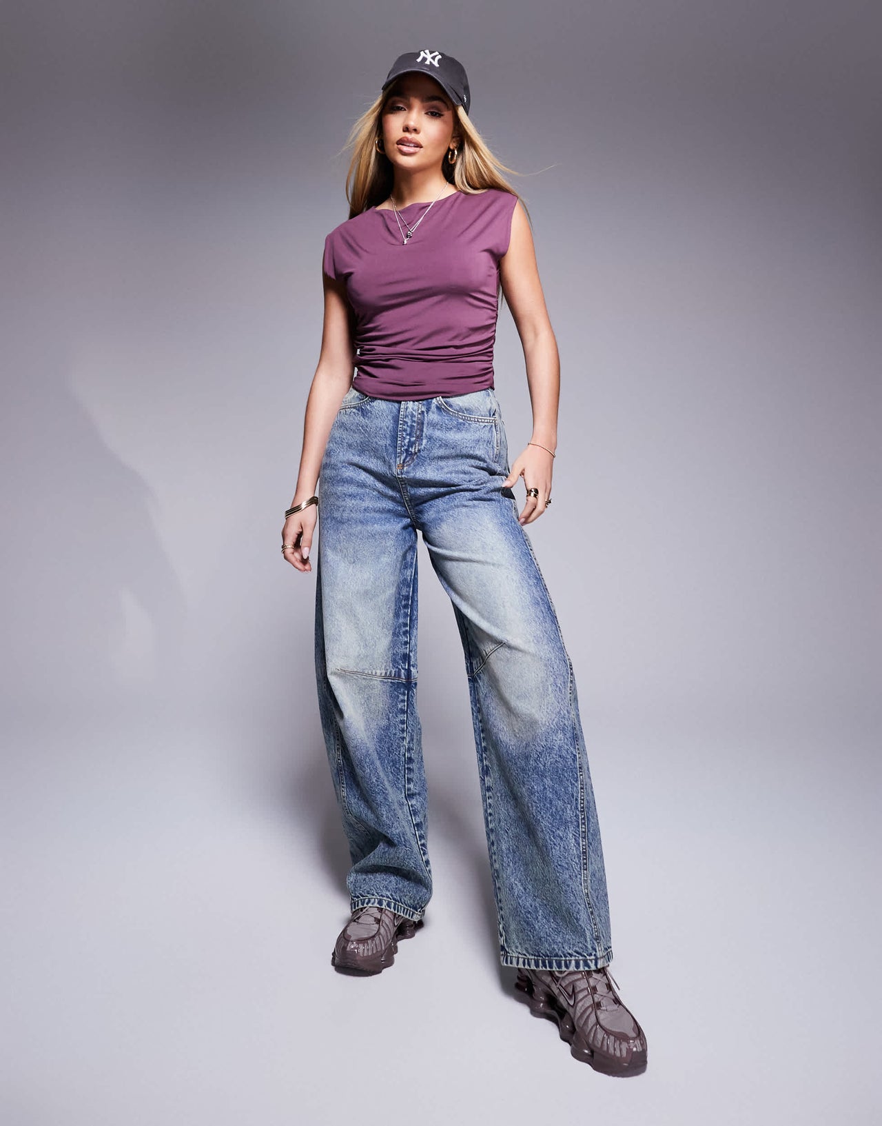 ASOS DESIGN slinky double layer ruched side top in aubergine