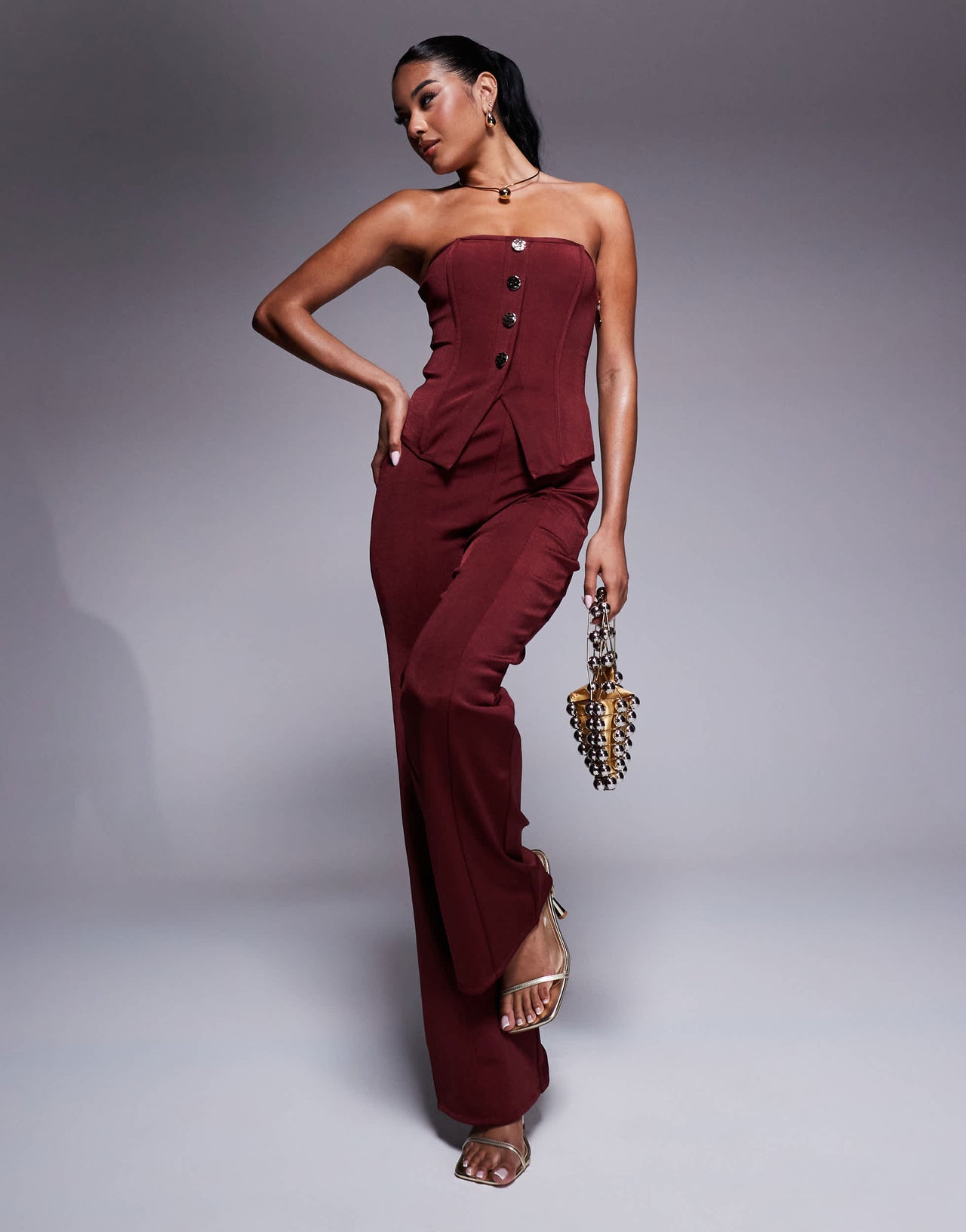 ASOS DESIGN co-ord bandage bandeau top with gold button detail in burgundy