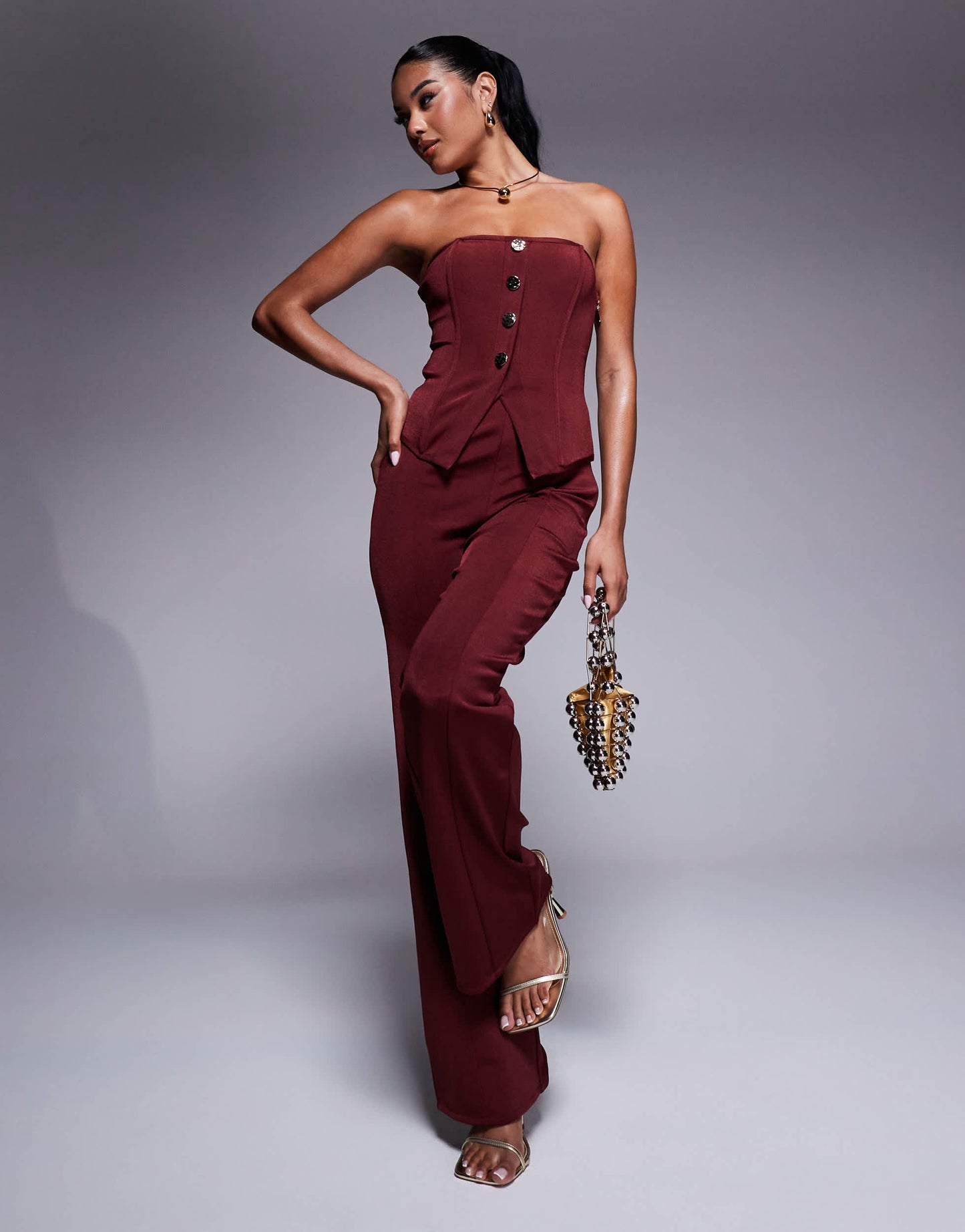 ASOS DESIGN co-ord bandage bandeau top with gold button detail in burgundy