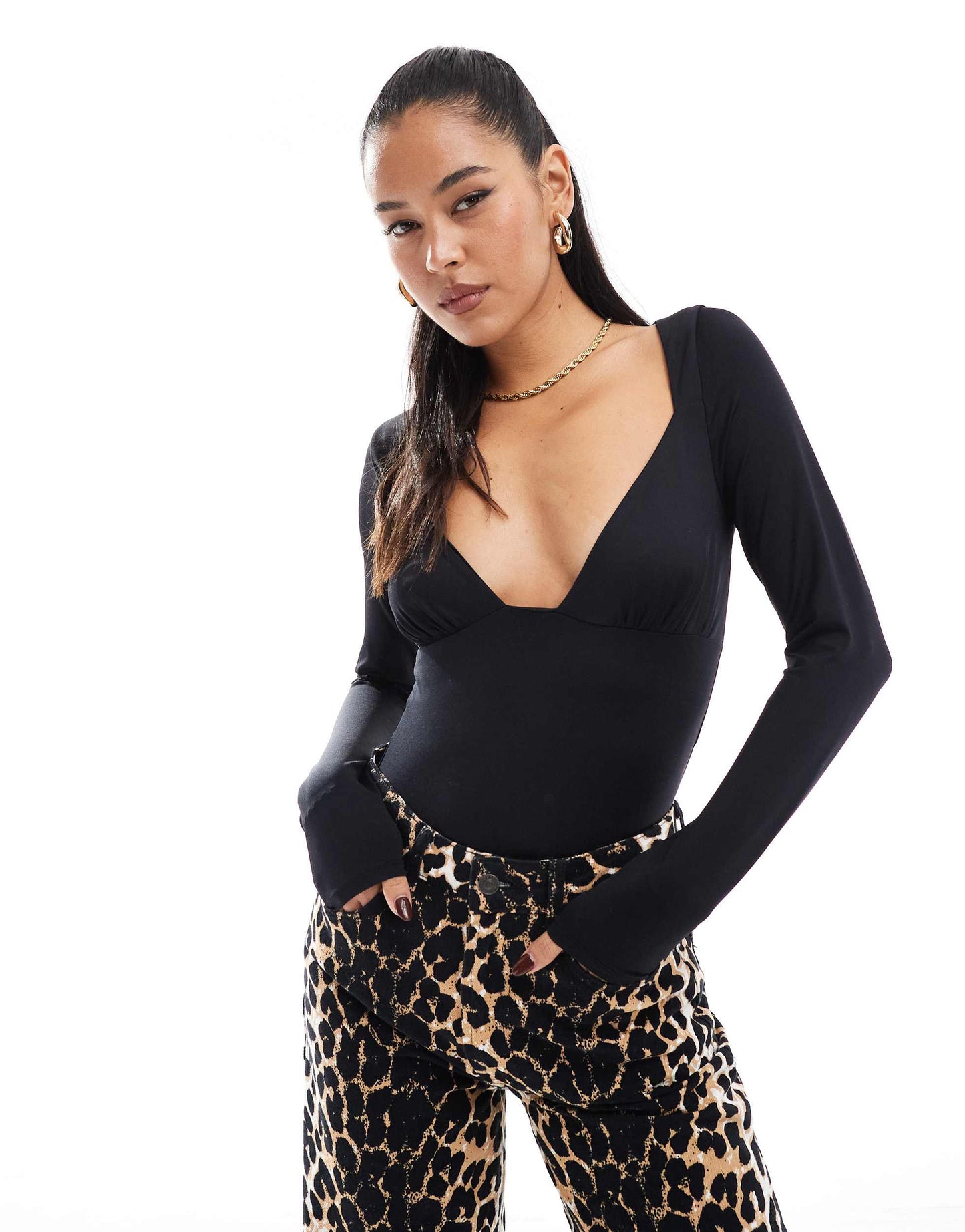 Stradivarius deep v neck long sleeve bodysuit in black