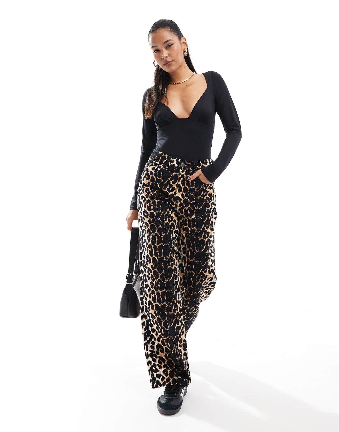 Stradivarius deep v neck long sleeve bodysuit in black